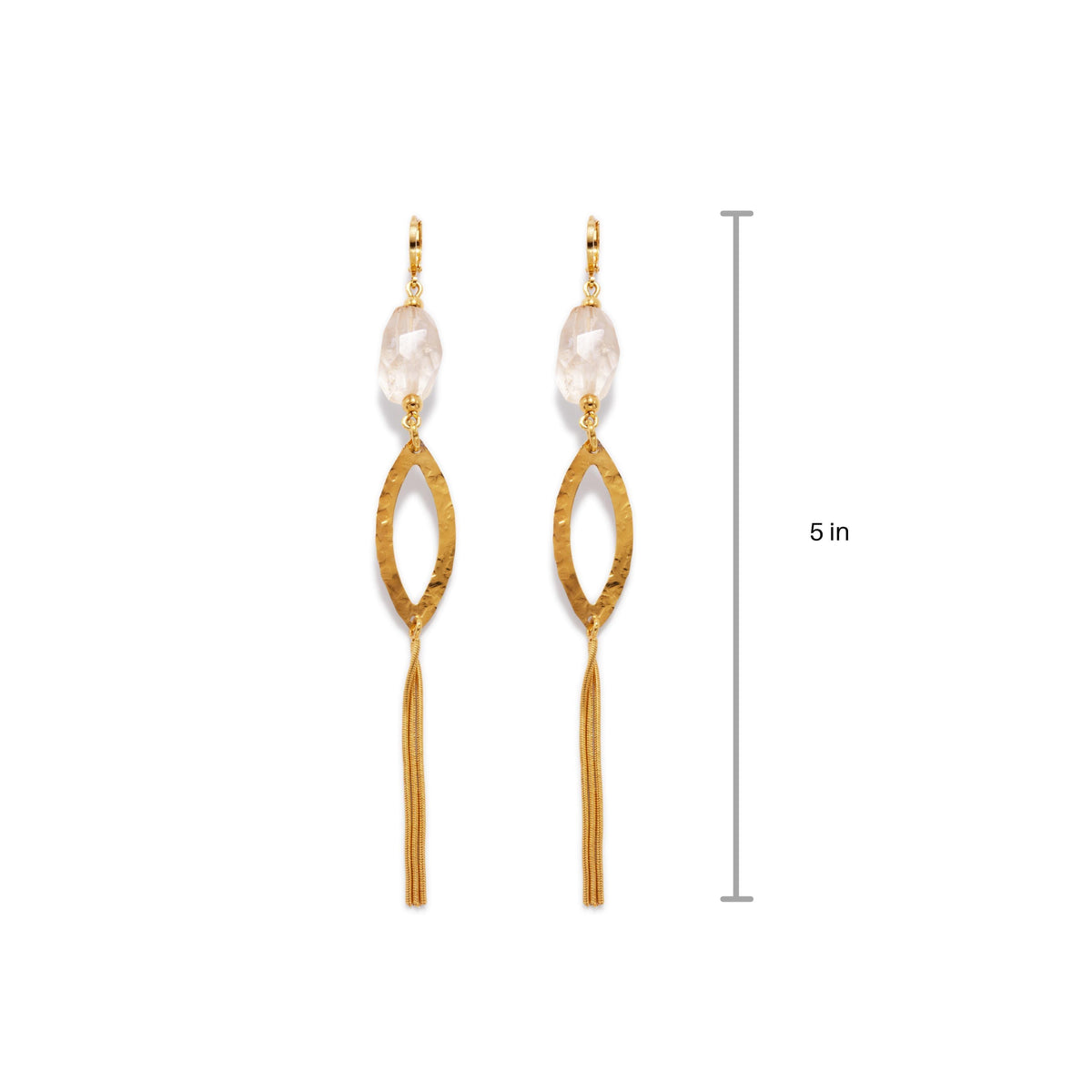 The Eyelet Citrine Dangle Earrings by JAREDJAMIN Jewelry Online feature gold hammered eyelets, clear faceted stones, a marquise center, long chain tassels, 18K gold plating, and measure 5 inches in length.
