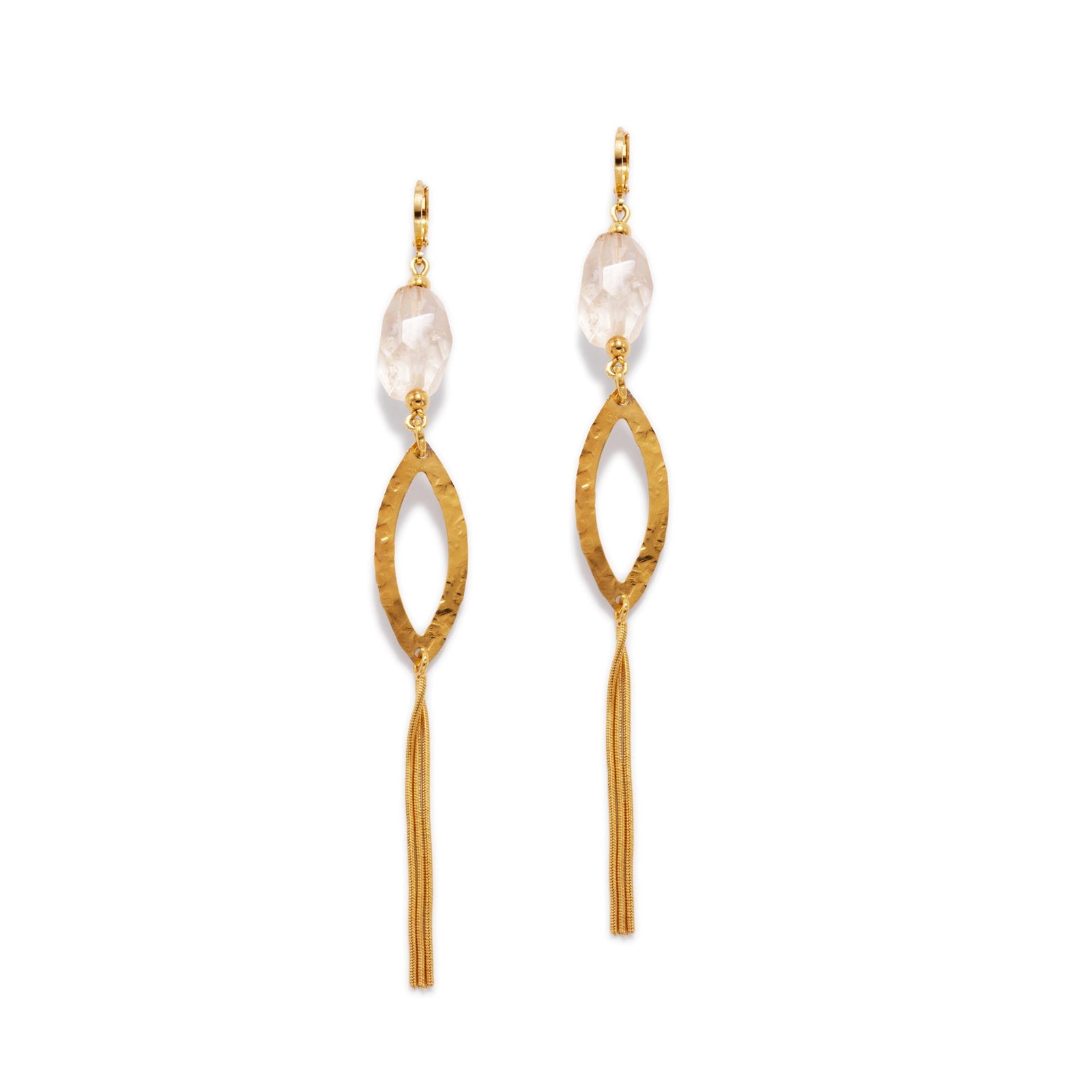 The Eyelet Citrine Dangle Earrings by JAREDJAMIN Jewelry Online feature faceted clear oval citrines, textured gold hammered eyelet marquise hoops, slender chain tassels, 18K gold plating, and secure gold hooks.