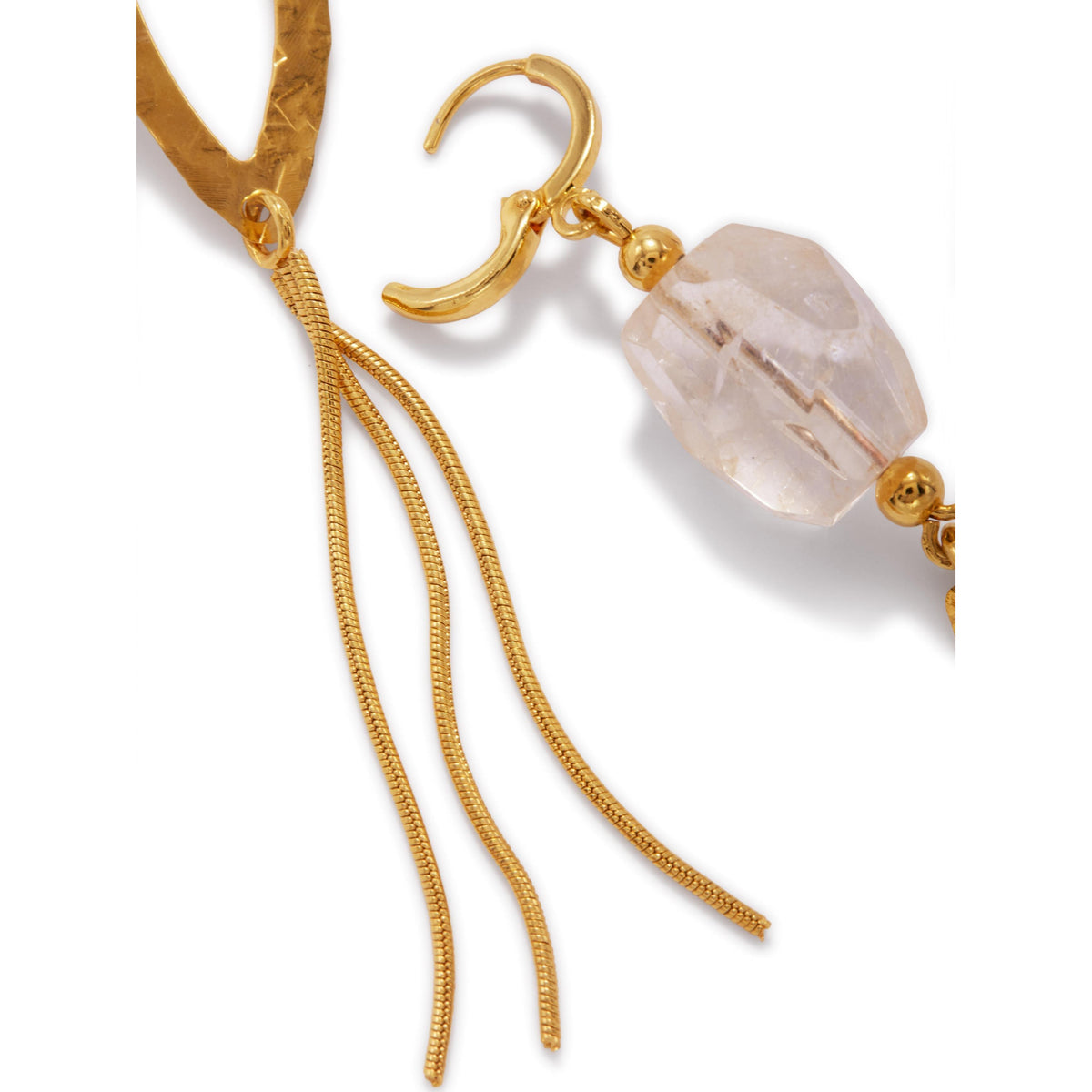 Close-up of JAREDJAMIN Jewelry Online's Eyelet Citrine Dangle Earrings featuring 18K gold-plated hammered eyelet, three gold chain tassels, a large faceted citrine gemstone, and gold hook clasp for an elegant, textured look.