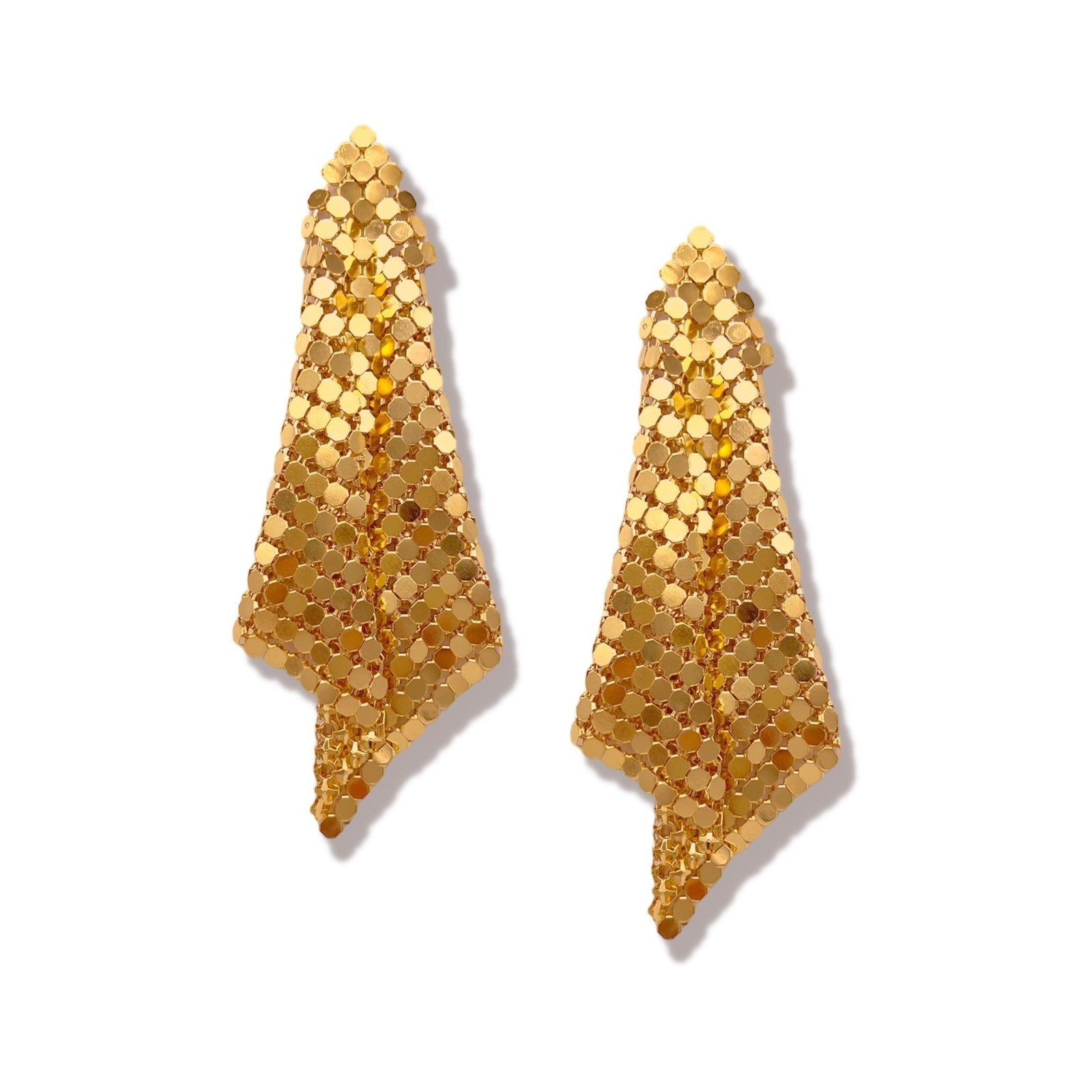 The Fazzoletto Chainmail Post Earrings by JAREDJAMIN Jewelry Online are gold-tone geometric drop earrings with overlapping shiny round discs in a curved triangular mesh, shown against a white background.