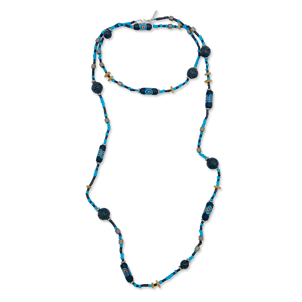 The African Voyage Long Lava Necklace by JAREDJAMIN Jewelry Online features a unique mix of blue, black, and yellow African hand-painted glass beads, patterned cylindrical and textured round beads, strung in a wavy, repeating design.