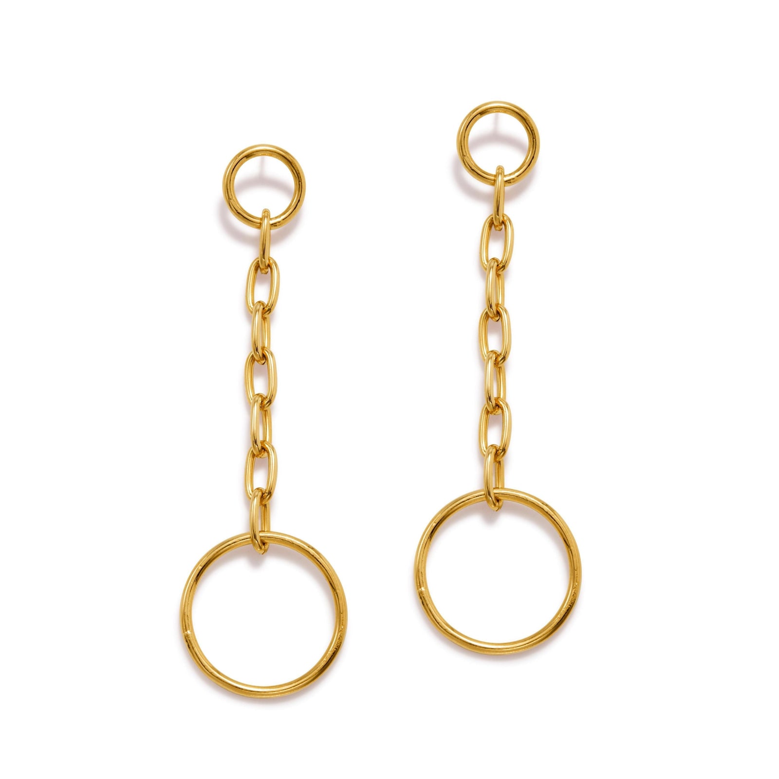 The JAREDJAMIN Jewelry Online Gold Chain Reaction Drop Post Earrings feature 18K gold plating, a small top hoop, three brass link chains, and a large bottom hoop in a minimalistic geometric design on a plain white background.