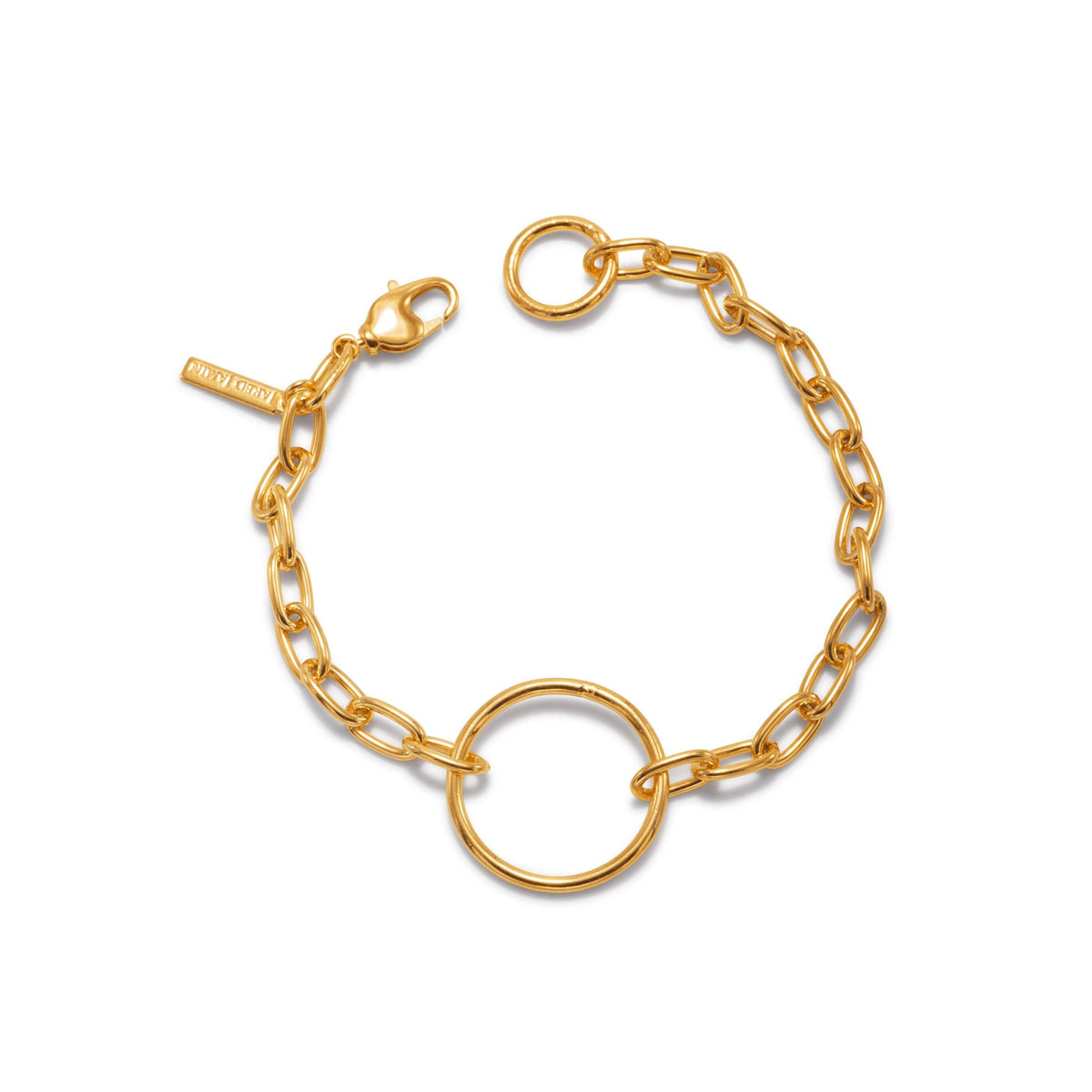 ゴールド チェーン Reaction Ellipse ブレスレット JAREDJAMIN製 ジュエリーオンライン 特徴とする elongated links, a ラウンド open リング centerpiece, 18K ゴールド plating, lobster clasp,と"PINKCITY" tag—styled flat の上の 白い背景.