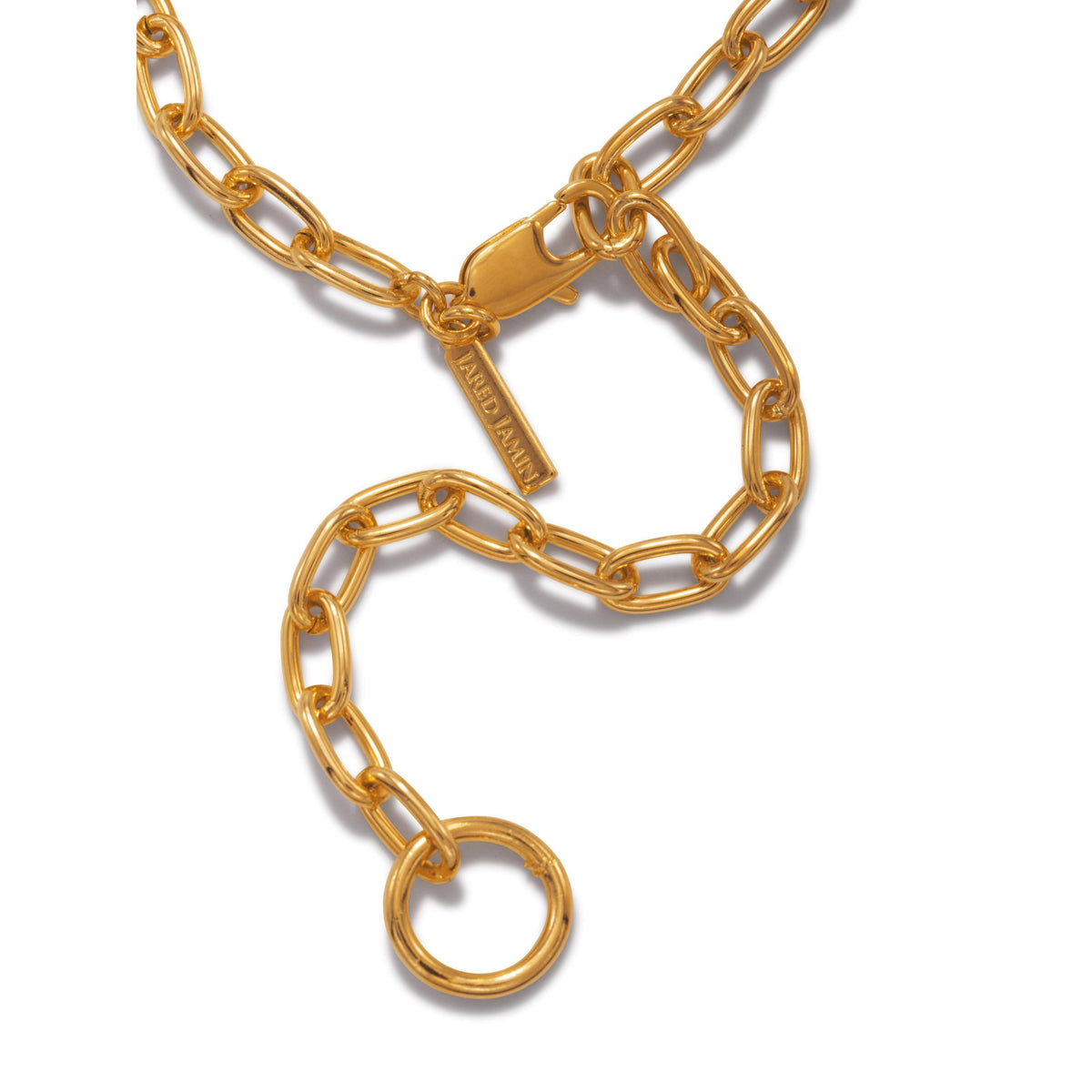 primer plano of the oro cadena Reaction collar de JAREDJAMIN Joyería Online, con large oval 18K bañado en oro links, a lobster clasp, “ALIGHIERI” tag, y circular colgante, elegantly exhibido sobre a fondo blanco.