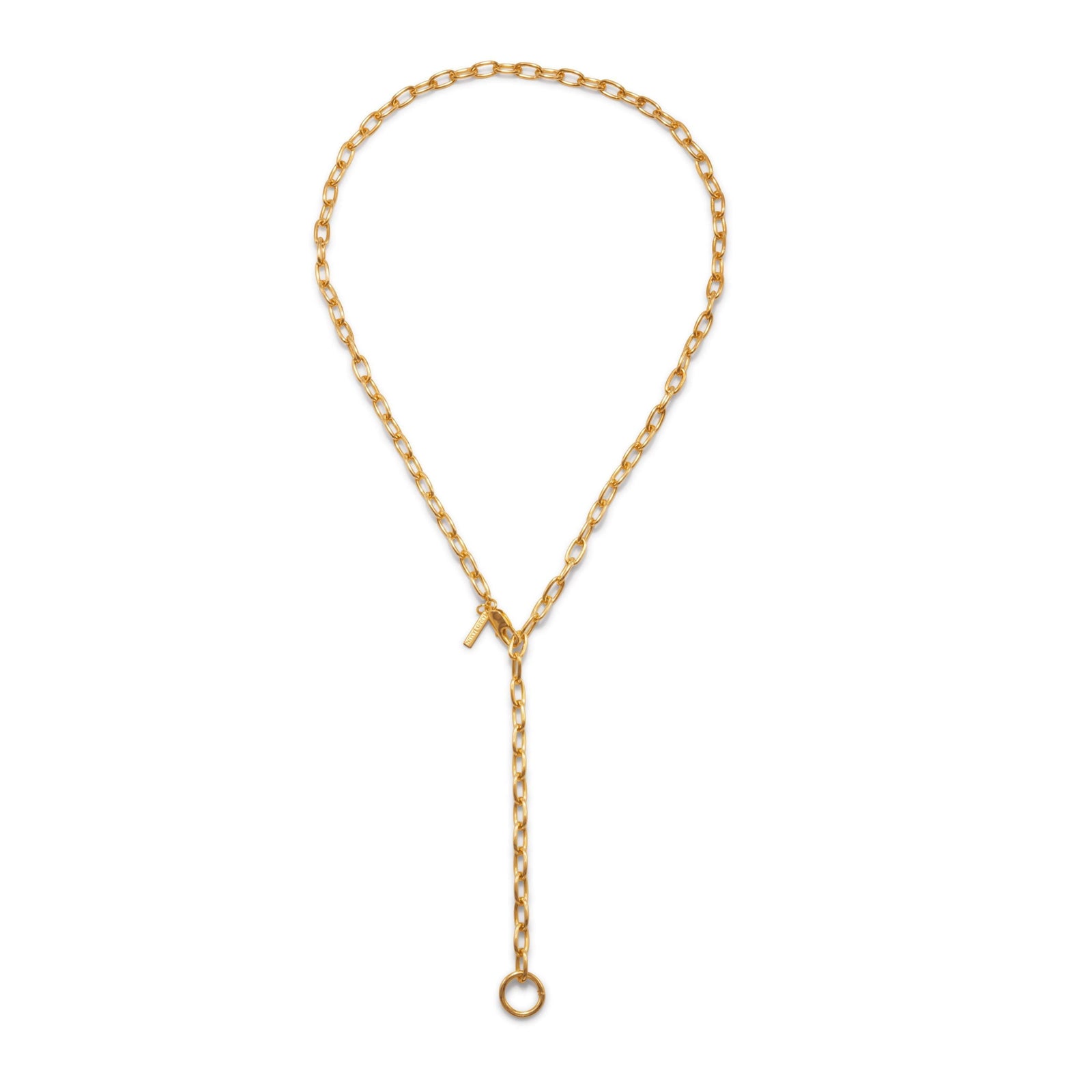 The Gold Chain Reaction Necklace from JAREDJAMIN Jewelry Online features 18K gold-plated elongated oval links in a lariat style with a circular ring and dangling bar, finished with a lobster clasp. Displayed on a plain white background.