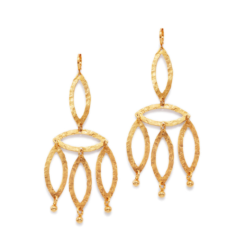 The JAREDJAMIN Jewelry Online Gold Eyelet-Chandelier Earrings feature 18K gold plating, a hammered finish, three open marquise links with small dangling marquise links ending in round beads, and secure lever back fastenings.