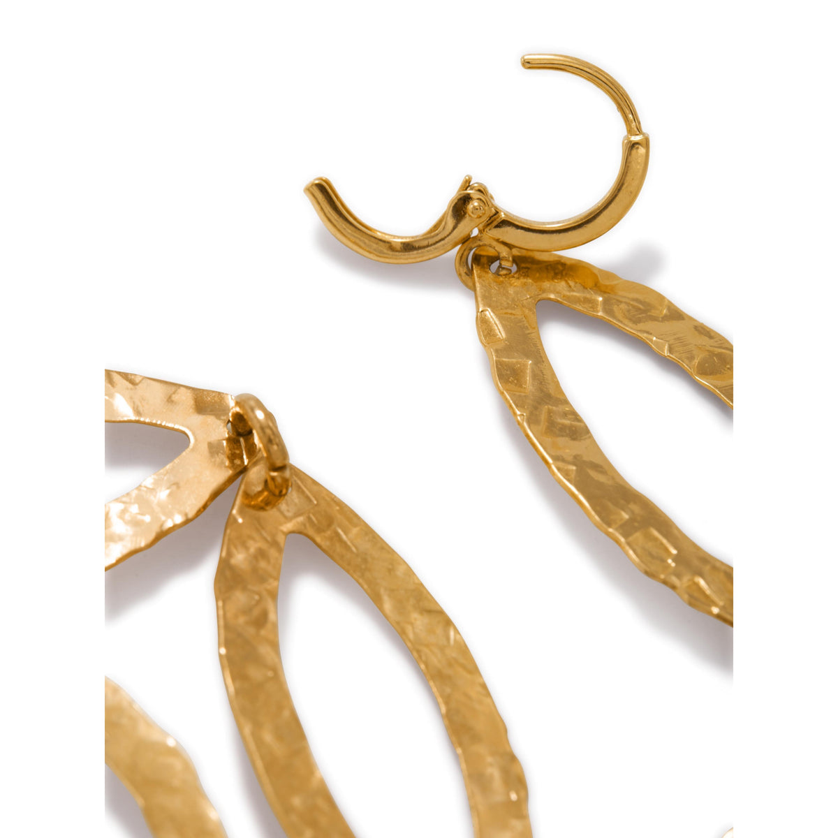 Close-up of the Gold Eyelet-Chandelier Earring by JAREDJAMIN Jewelry Online, crafted in 18K gold plating. Features overlapping oval loops with a hammered texture and latch-back closure. Only part of the shiny earring is visible on white.