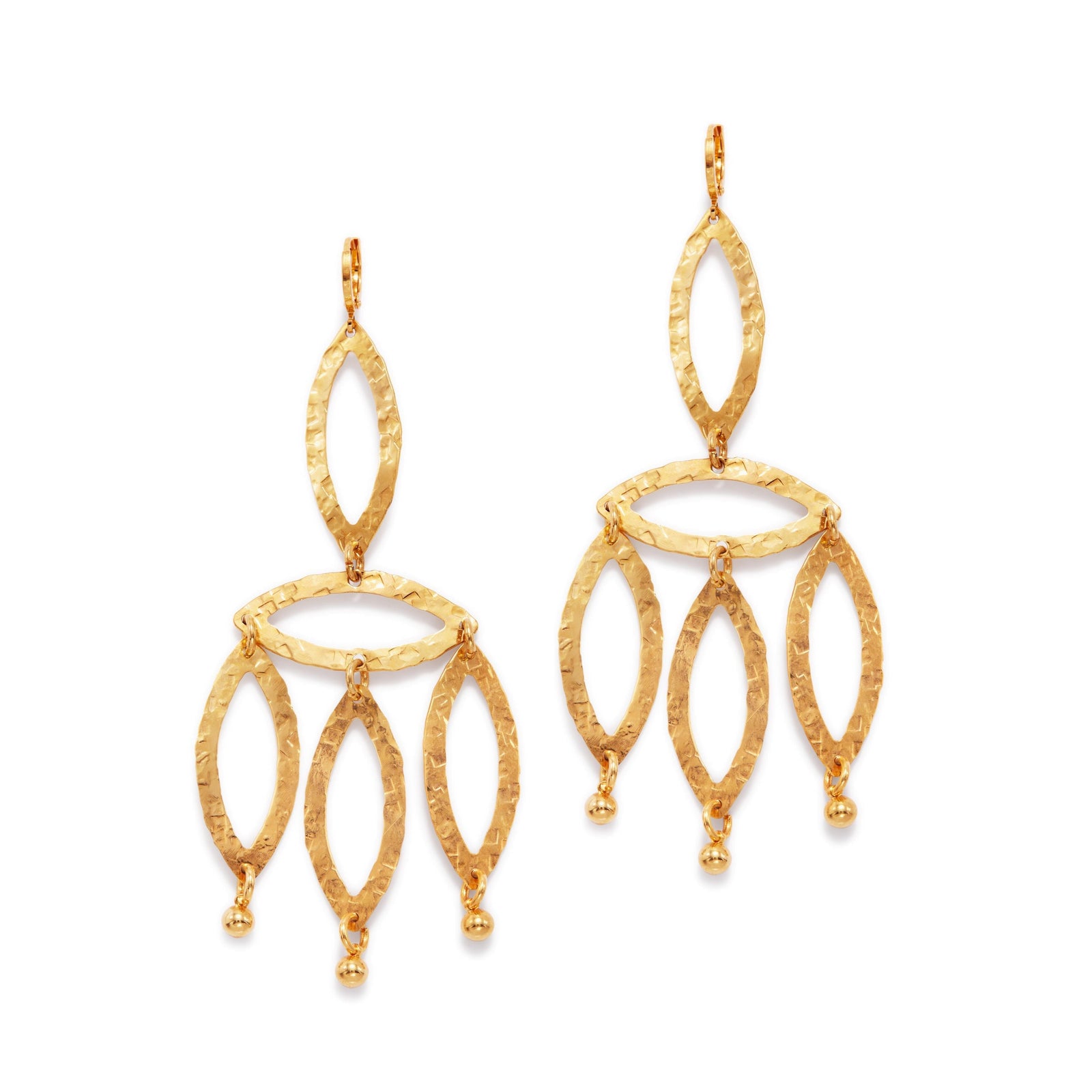 The JAREDJAMIN Jewelry Online Gold Eyelet-Chandelier Earrings feature 18K gold plating, a hammered finish, three open marquise links with small dangling marquise links ending in round beads, and secure lever back fastenings.