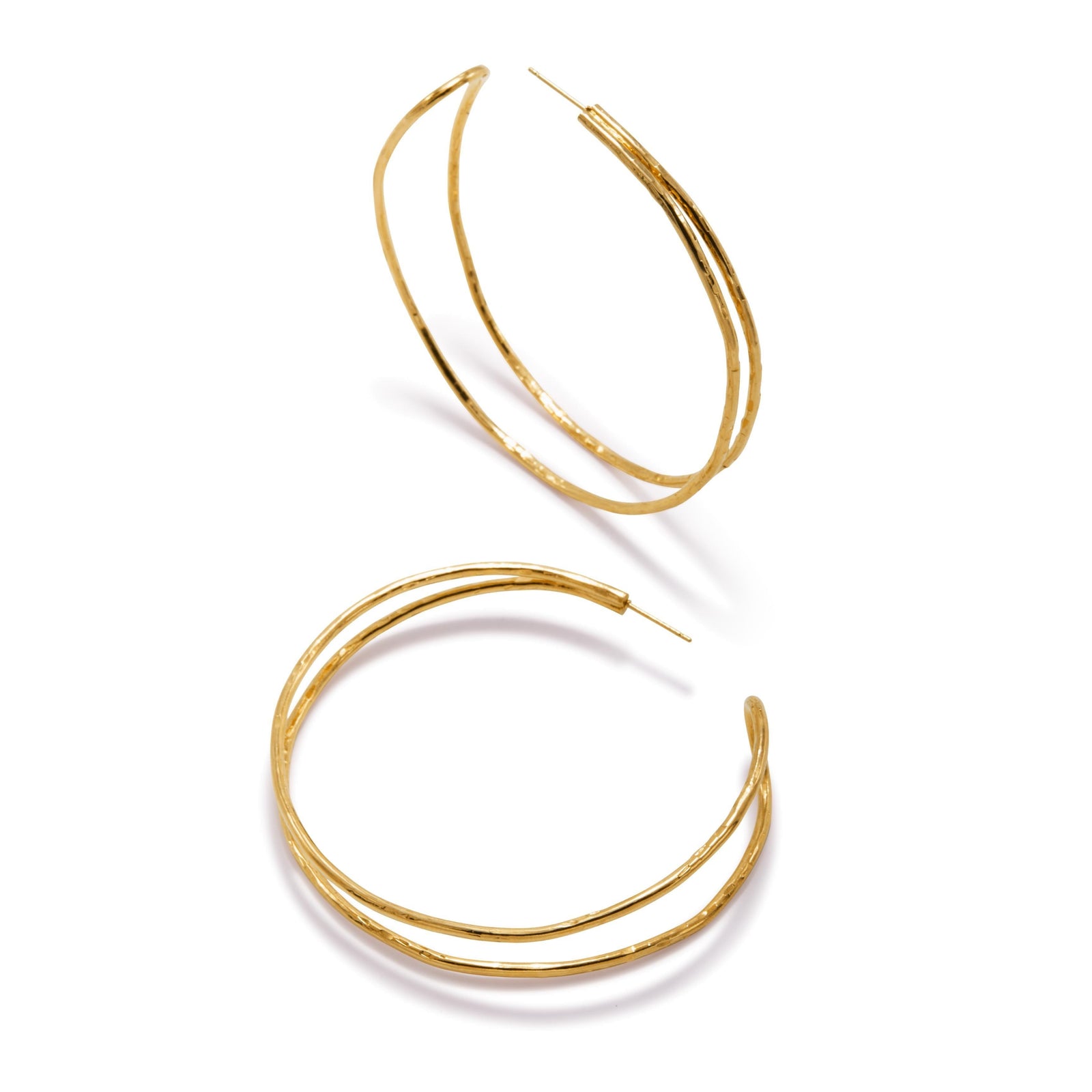 The Gold Mimi Hoop Post Earrings by JAREDJAMIN Jewelry Online are 18K gold-plated, double-wire arch hoops with a slightly textured finish and open-ended clasp. Shown on a white background, one hoop lies flat while the other stands upright.