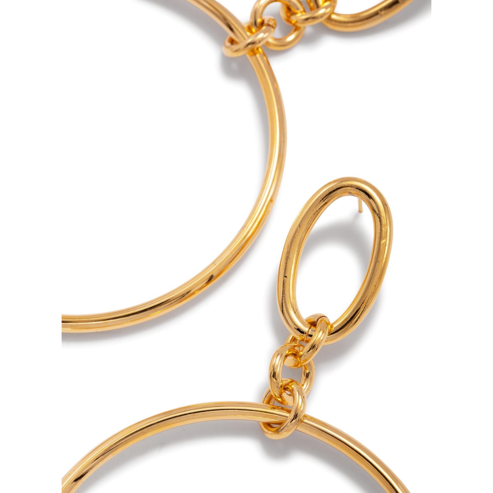 The JAREDJAMIN Jewelry Online Gold Ophelia Drop Hoop Post Earrings feature small oval loops linked to large circular hoops in polished 18K gold-plated brass, showcasing a minimalist, modern design on a white background.