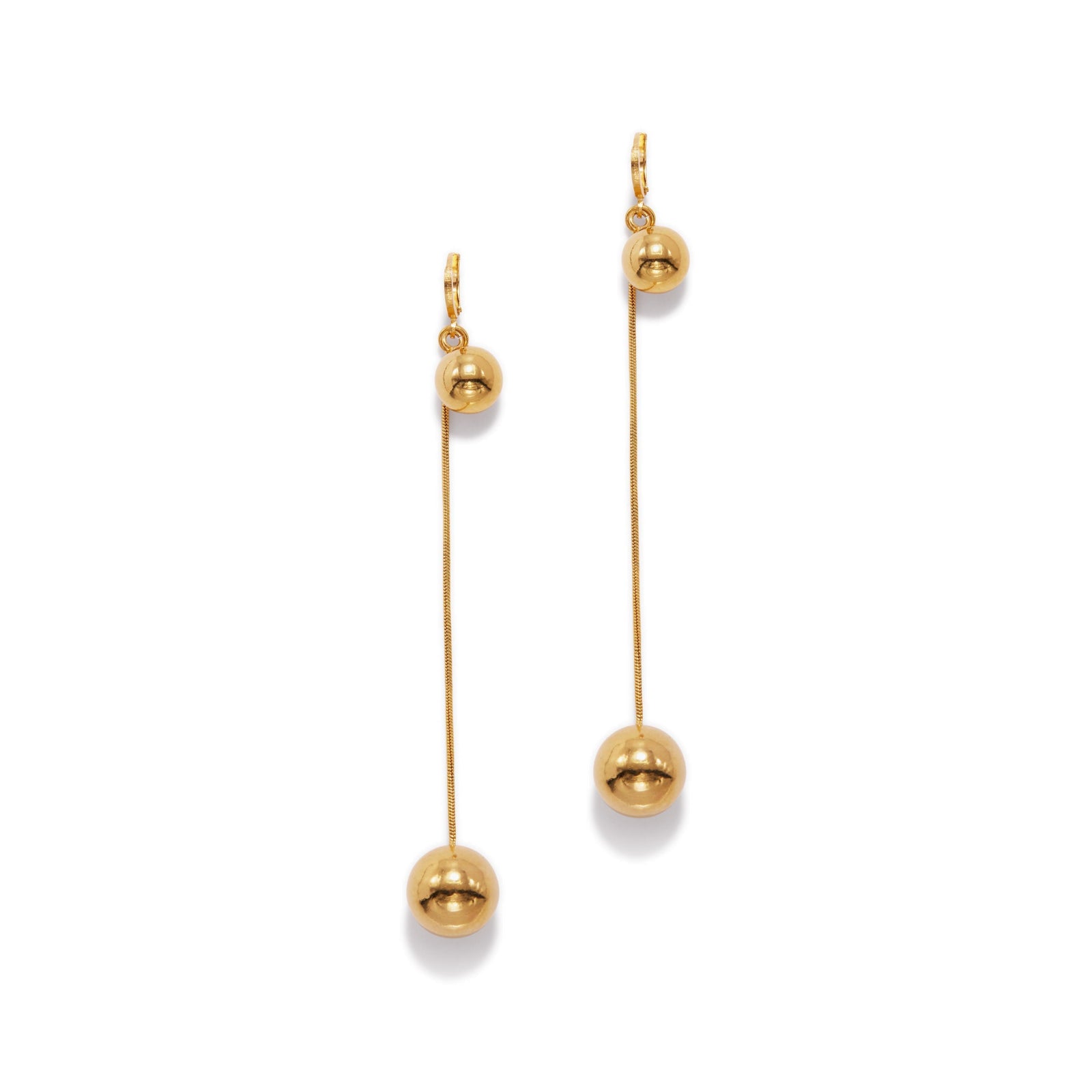 The Gold Orbita Swing Hook Earrings by JAREDJAMIN Jewelry Online feature minimalist 18k gold spheres connected by a slim rod, creating a modern vertical drop for an elegant look.