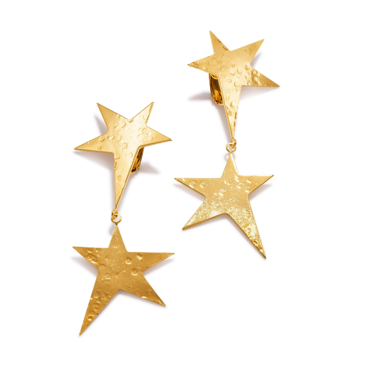Gold Shooting Star Dangle Clip On Earrings by JAREDJAMIN Jewelry Online feature two textured, five-pointed stars linked together in 18K gold with hammered shine and clip-on backs for easy wear.