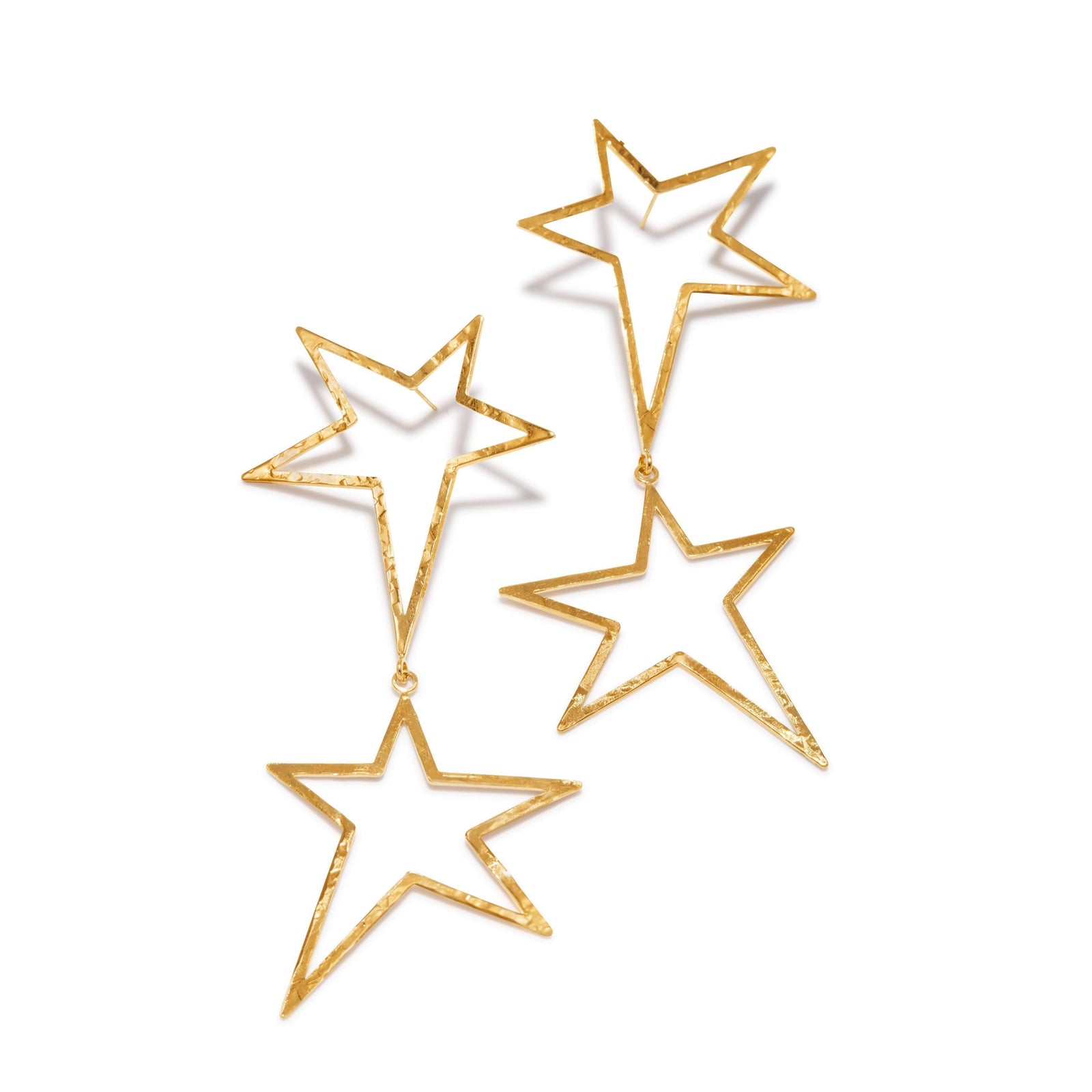 The JAREDJAMIN Jewelry Online Gold Shooting Star Dust Dangle Post Earrings feature three cascading, hammered gold-tone open stars for a striking, shiny look.