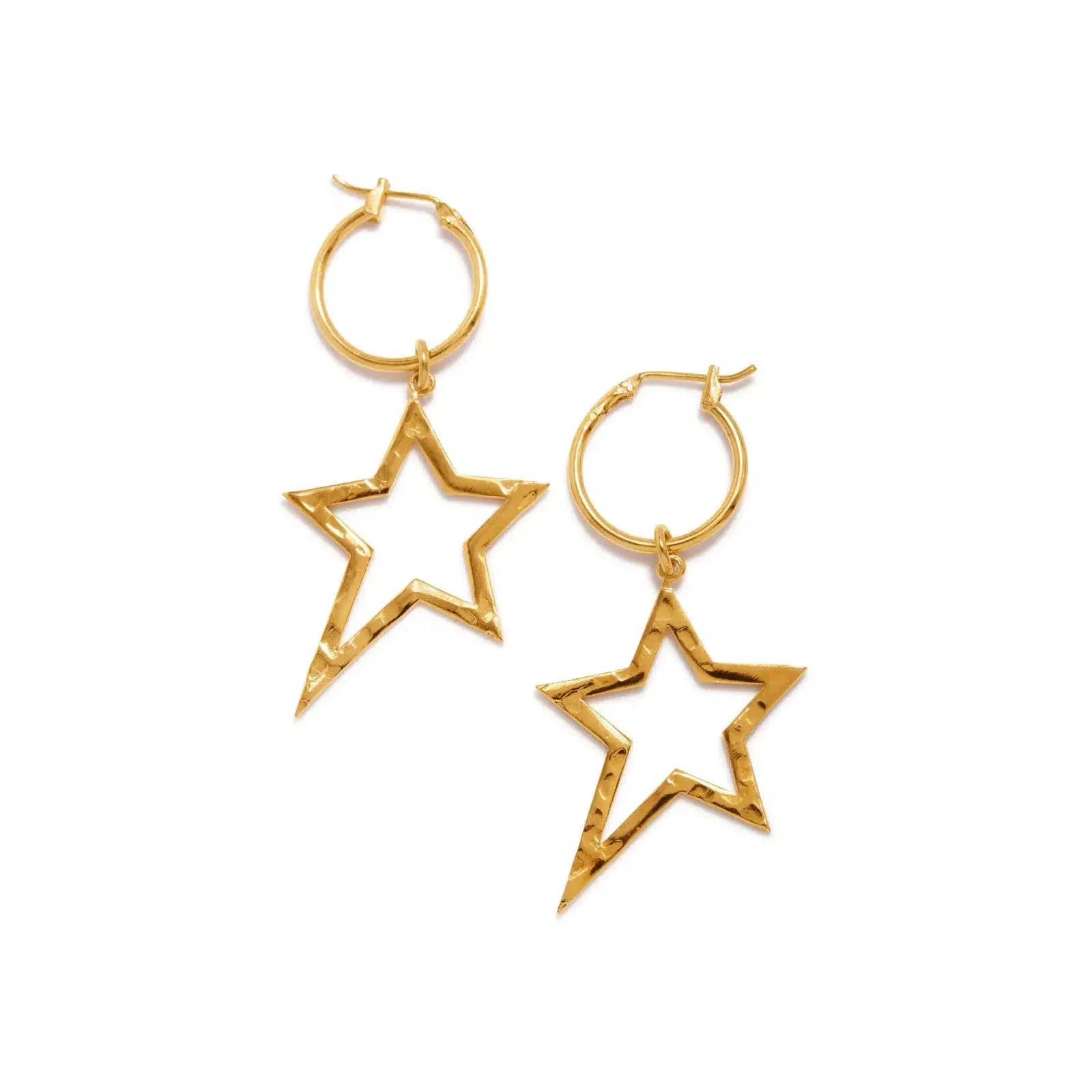 The image shows two Gold Shooting Star Dust Earring Charms by JAREDJAMIN Jewelry Online—gold, hollow, star-shaped with a hammered texture and small loops, ideal as 18K Gold Plated additions to your Hoop Earring Collection.