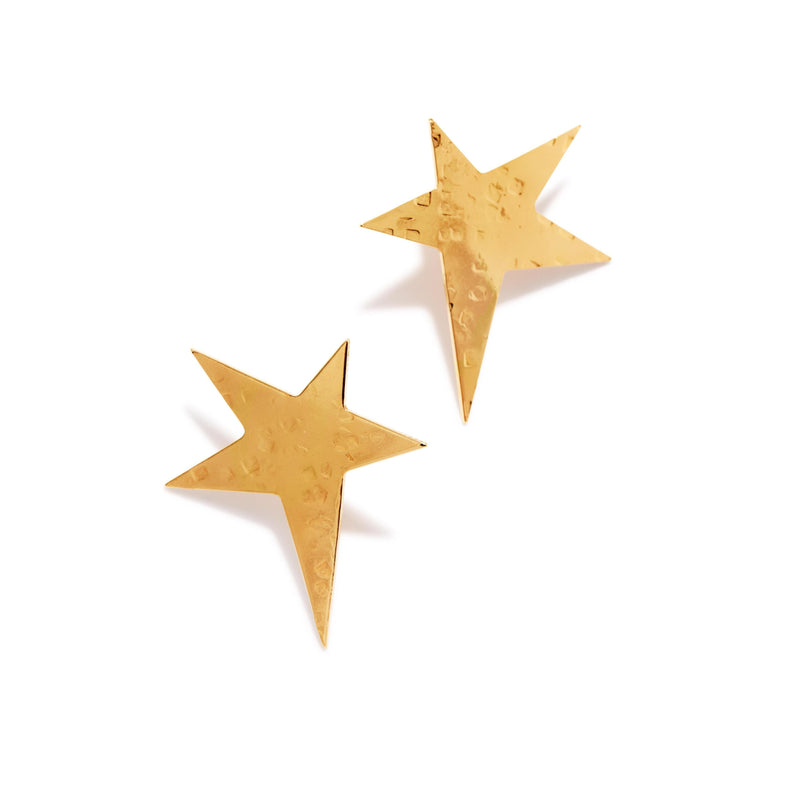 The Gold Shooting Star Stud Post Earrings by JAREDJAMIN Jewelry Online feature two 18K gold-plated, five-point star studs with a hammered texture—perfect for adding celestial flair to any STAR WARS PREMIERE look. Shown on a white background.