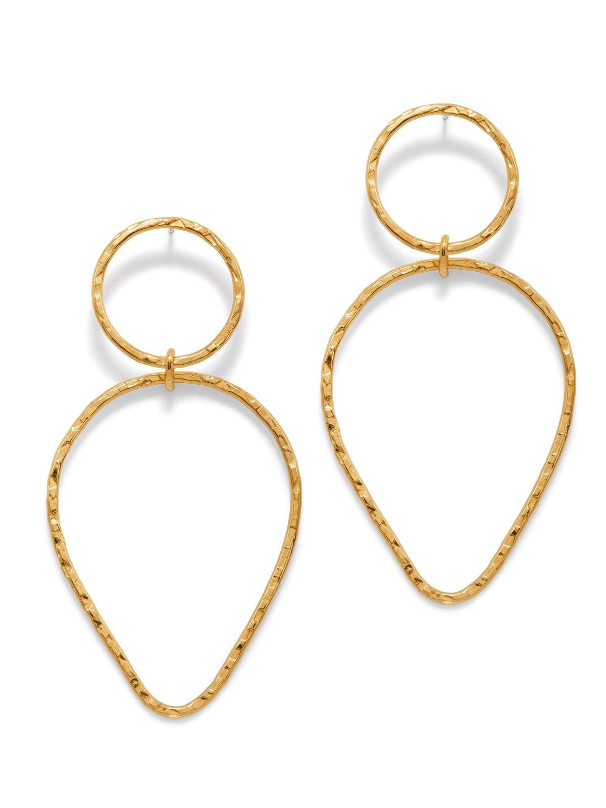 The Gold Textured Tear Post Earrings by JAREDJAMIN Jewelry Online feature a rustic, hammered texture with a small circular hoop linked to a larger teardrop hoop. Elegantly designed, the 18K gold-plated earrings have the teardrop dangling gracefully below the circle.