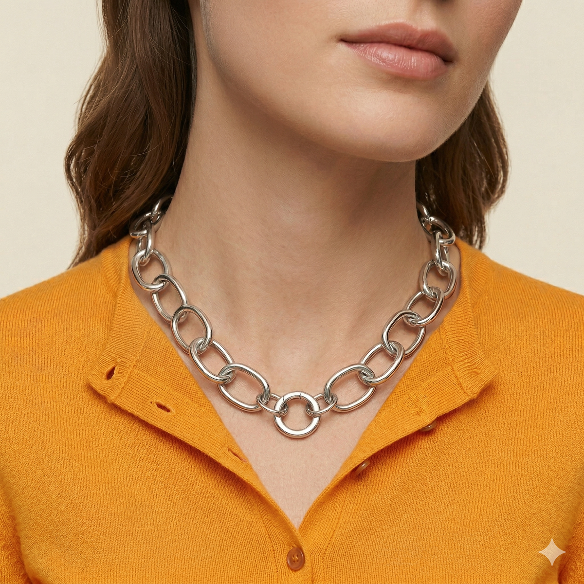 The Silver Billie Chain Necklace—crafted by hand in our West Hollywood studio using eco-conscious, small-batch methods—punctuates the collarbone against a vivid orange shirt. Style Note: Sleek with denim or crisply tailored evening layers.