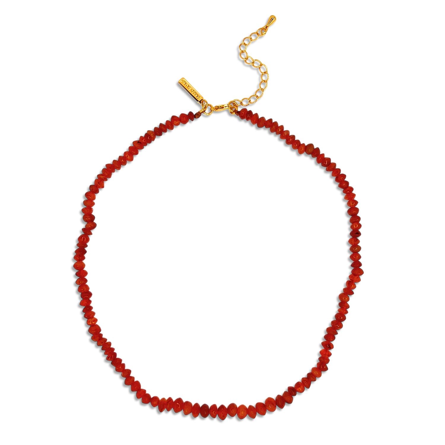 The Gemstone Trail Carnelian Necklace by JAREDJAMIN Jewelry Online features small faceted red beads and a gold adjustable chain with a rectangular tag, blending vitality with simple elegance.