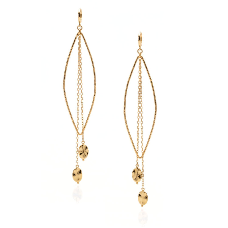 High-resolution, sharp e-commerce flat lay photography shot directly from above using a Canon EOS 5D Mark IV with a macro lens, featuring the JAREDJAMIN Gia Hammered Marquise Chain Drop Earrings on a crisp white background to highlight the textured 18k gold-plated frame, the fluid interior chains, and the secure lever-back fastenings.
