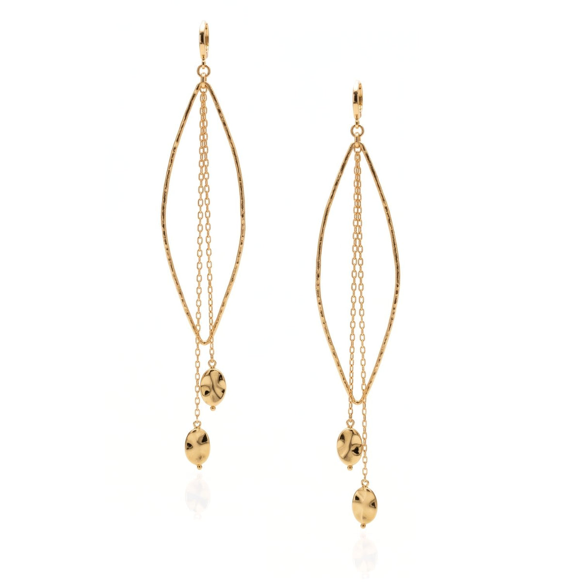 High-resolution, sharp e-commerce flat lay photography shot directly from above using a Canon EOS 5D Mark IV with a macro lens, featuring the JAREDJAMIN Gia Hammered Marquise Chain Drop Earrings on a crisp white background to highlight the textured 18k gold-plated frame, the fluid interior chains, and the secure lever-back fastenings.