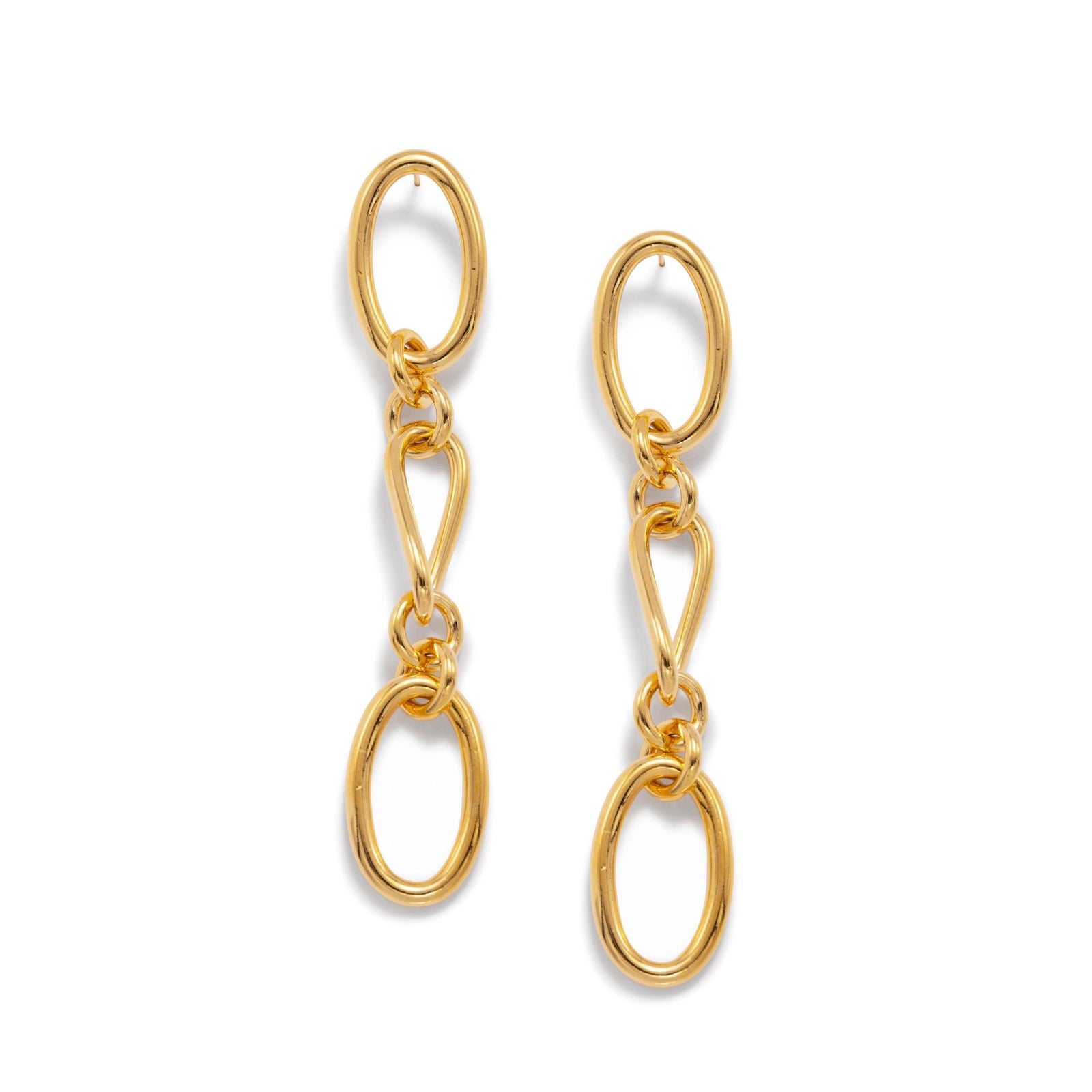 The Gold Ophelia Chain Dangle Post Earrings by JAREDJAMIN Jewelry Online feature 18K gold-plated brass with three irregular, oval and teardrop links in a modern, minimalist style and an organic, uneven shape.