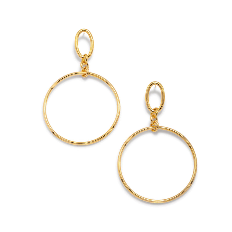 High-resolution studio product shot of the JAREDJAMIN Gold Ophelia Drop Hoop Post Earrings displayed flat on a white background, highlighting the 18k gold-plated oval post link suspending the oversized circular hoop.