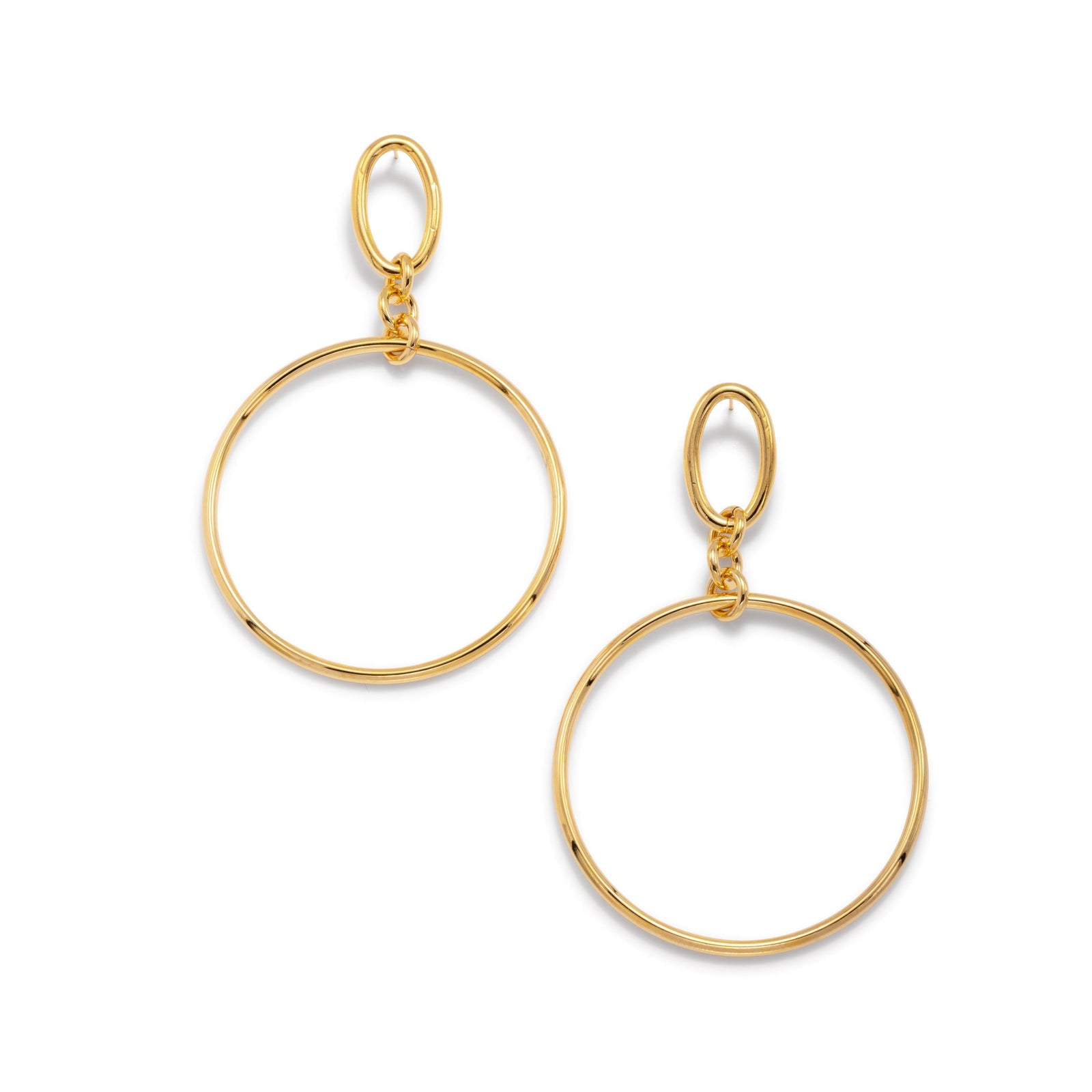 The JAREDJAMIN Jewelry Online Gold Ophelia Drop Hoop Post Earrings feature small oval loops linked to large circular hoops in polished 18K gold-plated brass, showcasing a minimalist, modern design on a white background.