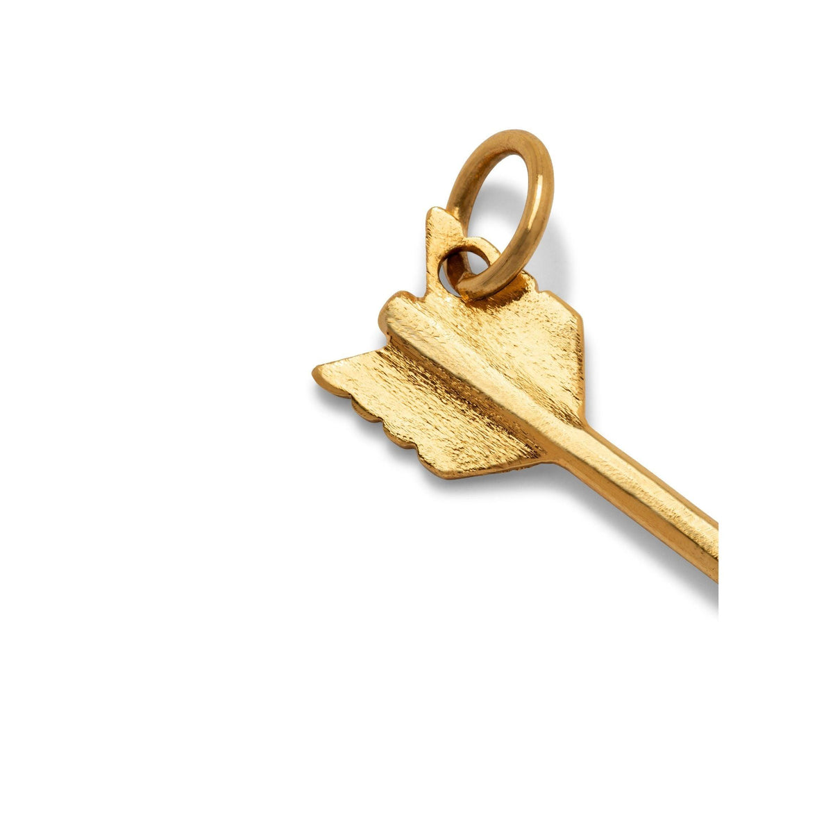 Close-up of the JAREDJAMIN Jewelry Online Gold Arrow Necklace Pendant Charm, featuring an 18K gold plated, key-shaped design with a textured feather and circular loop, ideal for chain necklaces, displayed on a white background.
