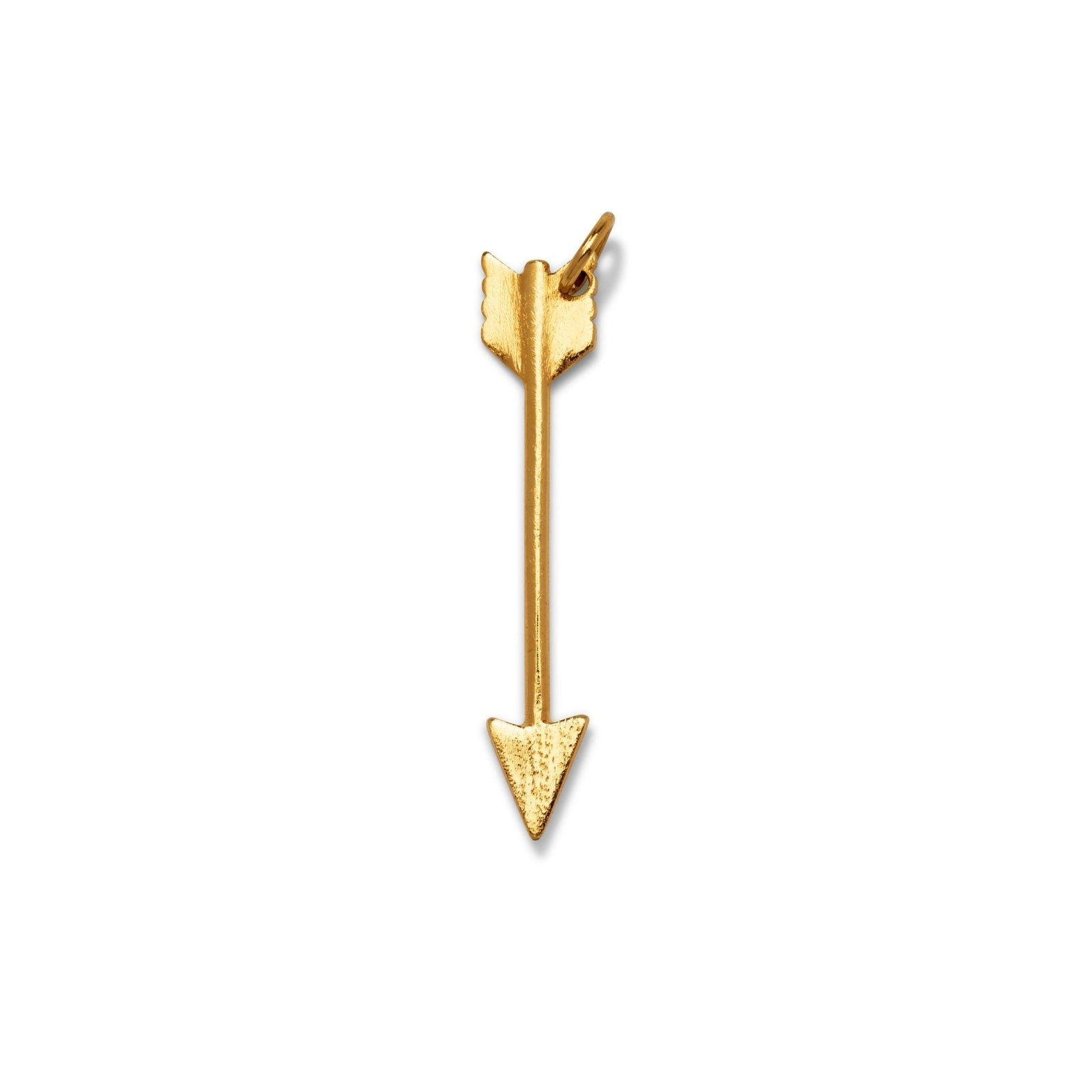 The Gold Arrow Necklace Pendant Charm by JAREDJAMIN Jewelry Online features an 18K gold-plated, textured surface and a small top loop for attaching to chains, shown against a white background.