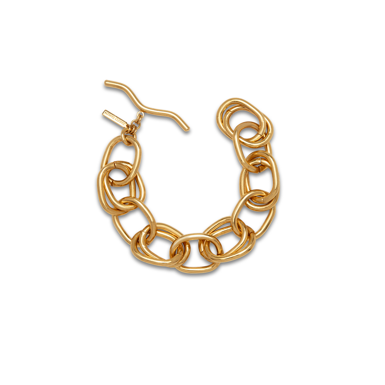 The Gold Billie Every-Other Chain Bracelet by JAREDJAMIN Jewelry Online features large oval links, a toggle clasp, polished finish, and a small rectangular tag near the clasp, shown against a white background.