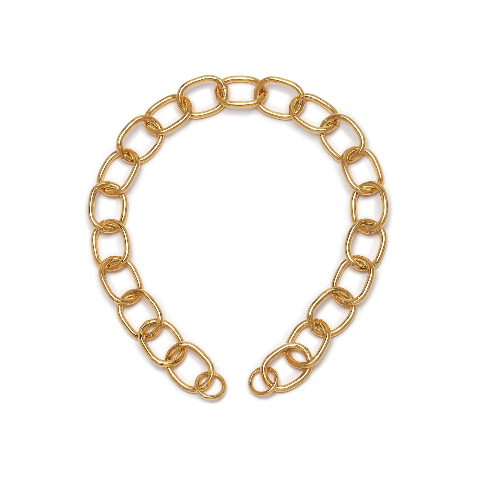 The Gold Billie Chain Necklace from JAREDJAMIN Jewelry Online features large oval interlocking links in a circle, finished in 18K gold plate with a thicker round clicker clasp at the center. Displayed on a plain white background.