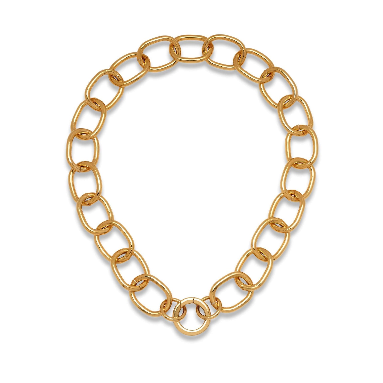 The Gold Billie Chain Necklace from JAREDJAMIN Jewelry Online features large oval interlocking links in a circle, finished in 18K gold plate with a thicker round clicker clasp at the center. Displayed on a plain white background.