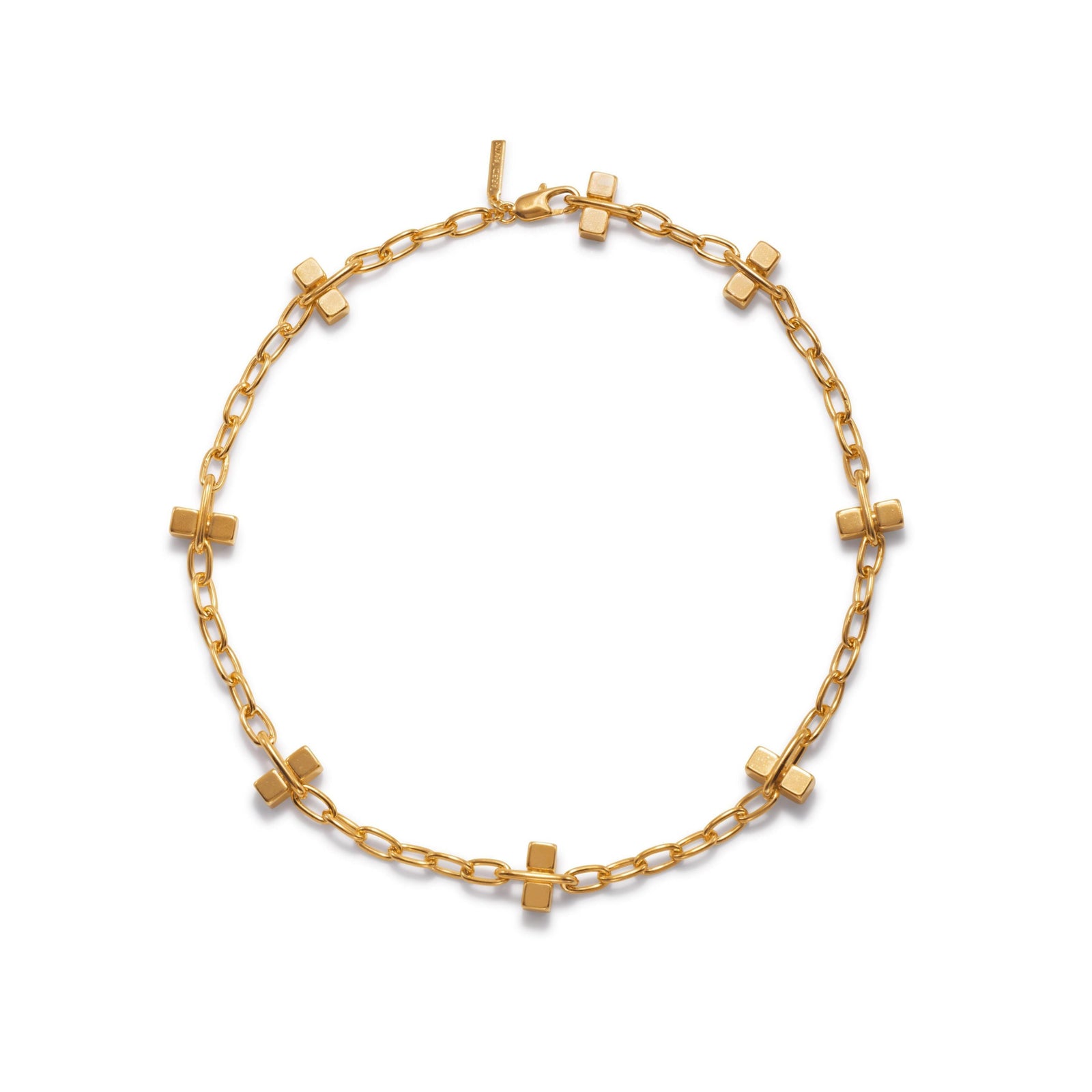 The Gold Blockbuster Lite Choker Necklace by JAREDJAMIN Jewelry Online features elongated oval links with flat, square charms. Crafted from 18K gold plated brass with a lobster clasp, this modern necklace is shown against a white background.