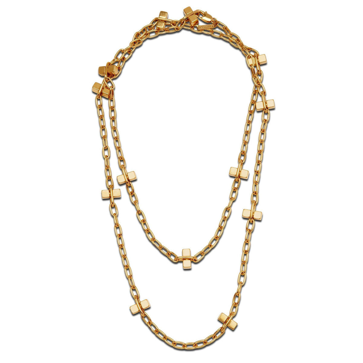 Los oro Blockbuster Lite Long collar de JAREDJAMIN Joyería Online features 18K bañado en oro rectangular links con spaced oro crosses, doubled layers para un chic effect, y a secure lobster clasp. Shown against a fondo blanco.