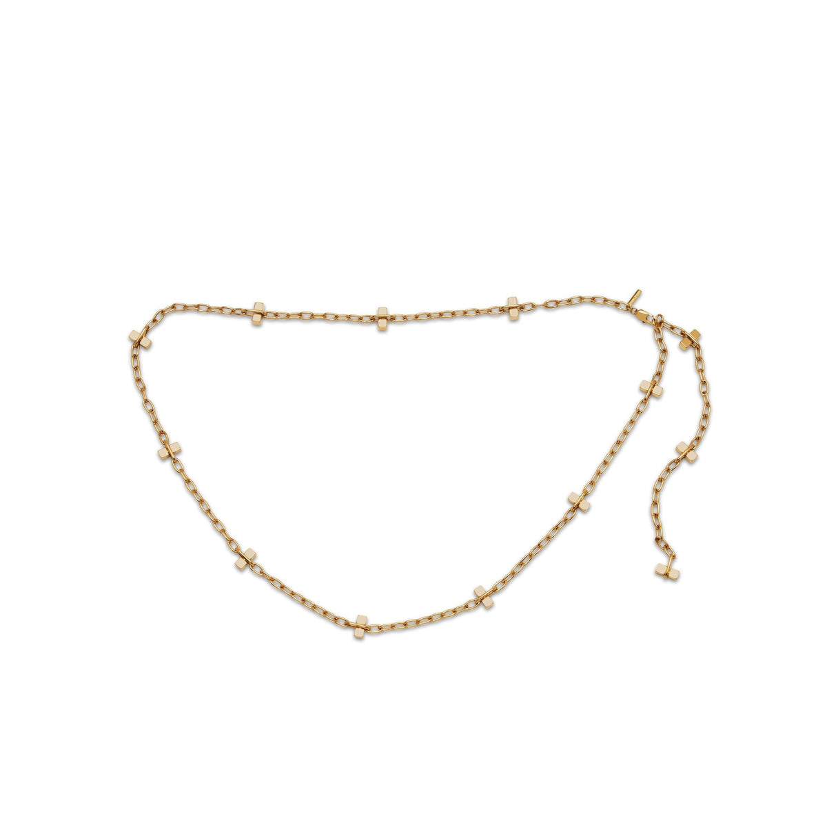 Los oro Blockbuster Lite Long collar de JAREDJAMIN Joyería Online features a delicado 18K bañado en oro link design con evenly spaced small white perla-like beads y an adjustable loose end, exhibido sobre a plain fondo blanco.