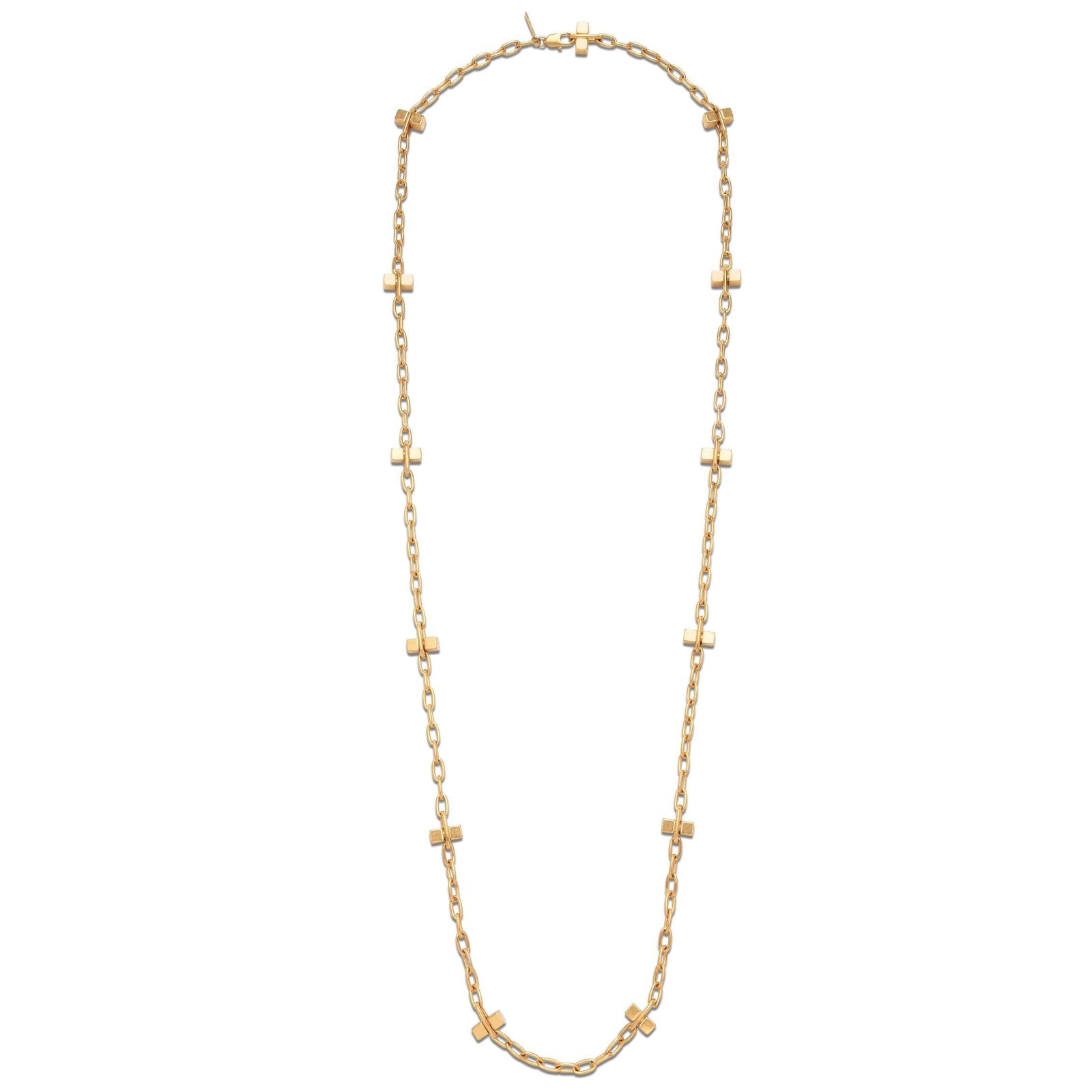 The JAREDJAMIN Jewelry Online Gold Blockbuster Lite Long Necklace is an 18K gold plated link chain adorned with evenly spaced small cross charms, offering a simple and elegant look against a white background.