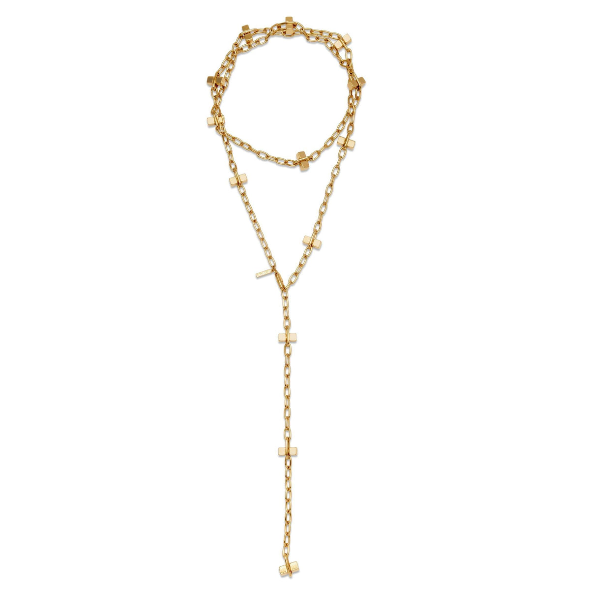 Los oro Blockbuster Lite Long collar de JAREDJAMIN Joyería Online features minimalist 18K bañado en oro rectangular links, accented con small oro crosses, finished con a secure lobster clasp for effortless elegance.