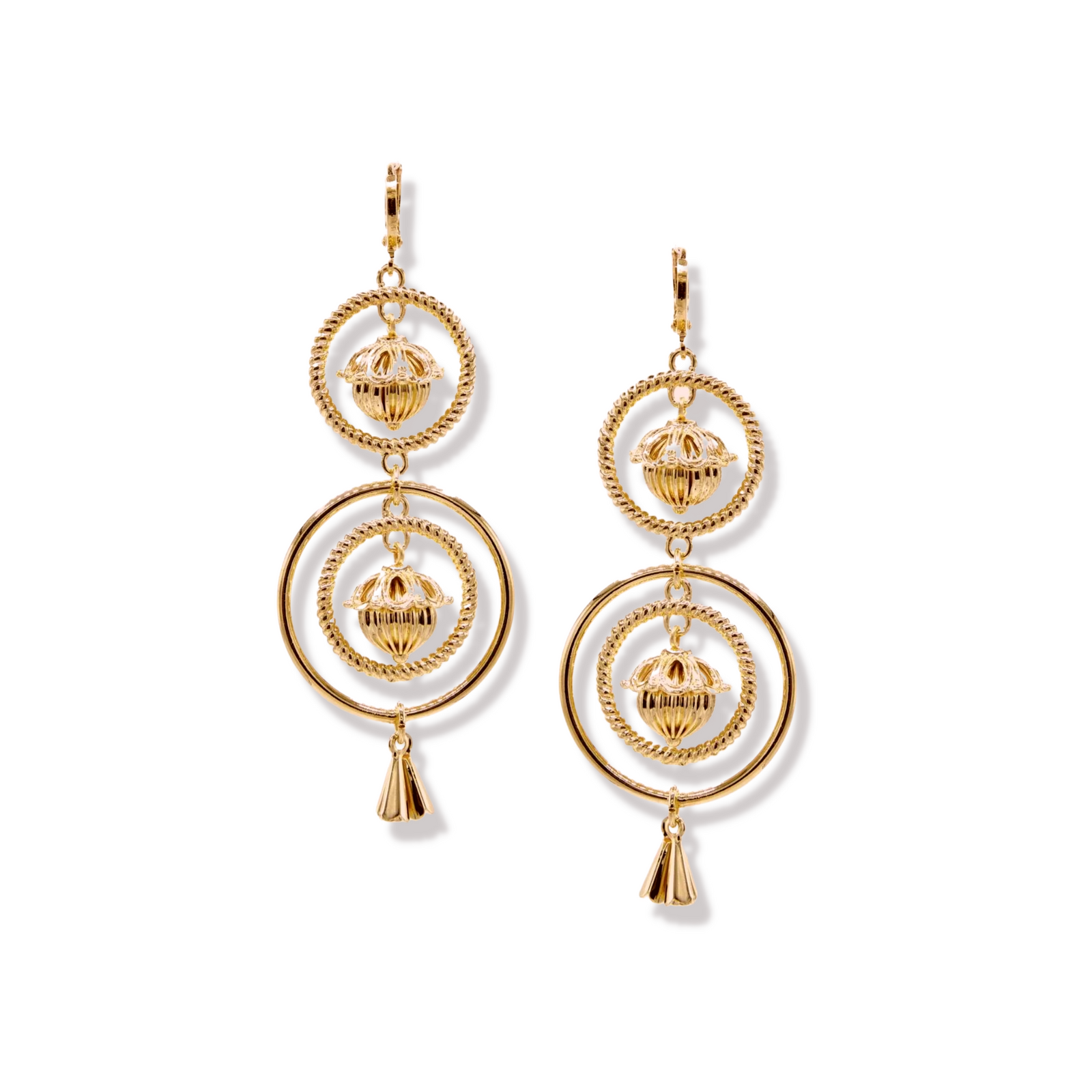 JAREDJAMIN Jewelry Online's Gold Bollywood Dangle Leverback Earrings feature two textured concentric circles with ribbed dome charms and a gold cone-shaped pendant, all in 18K gold plating and a polished finish.