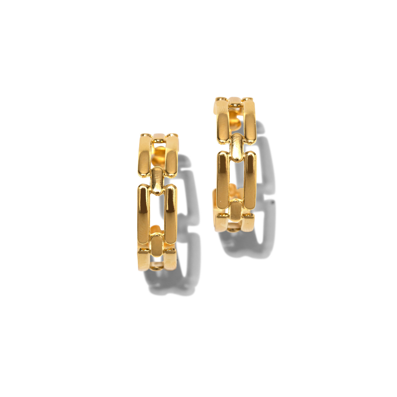 The Gold Bravura Chain Hoop Post Earrings from JAREDJAMIN Jewelry Online feature a chunky, interlocking rectangular link design in shiny 18K gold, showcased on a white background with soft shadows and bold geometric appeal.