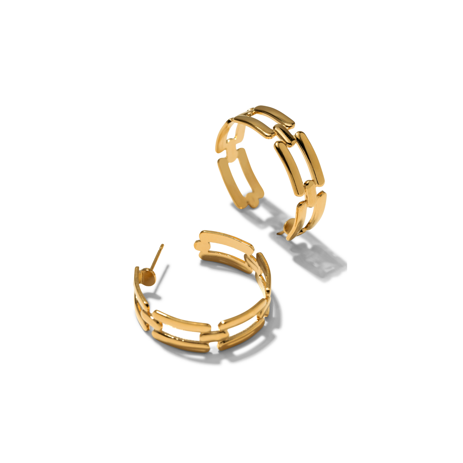 The Gold Bravura Chain Hoop Post Earrings from JAREDJAMIN Jewelry Online feature a chunky, interlocking rectangular link design in shiny 18K gold, showcased on a white background with soft shadows and bold geometric appeal.