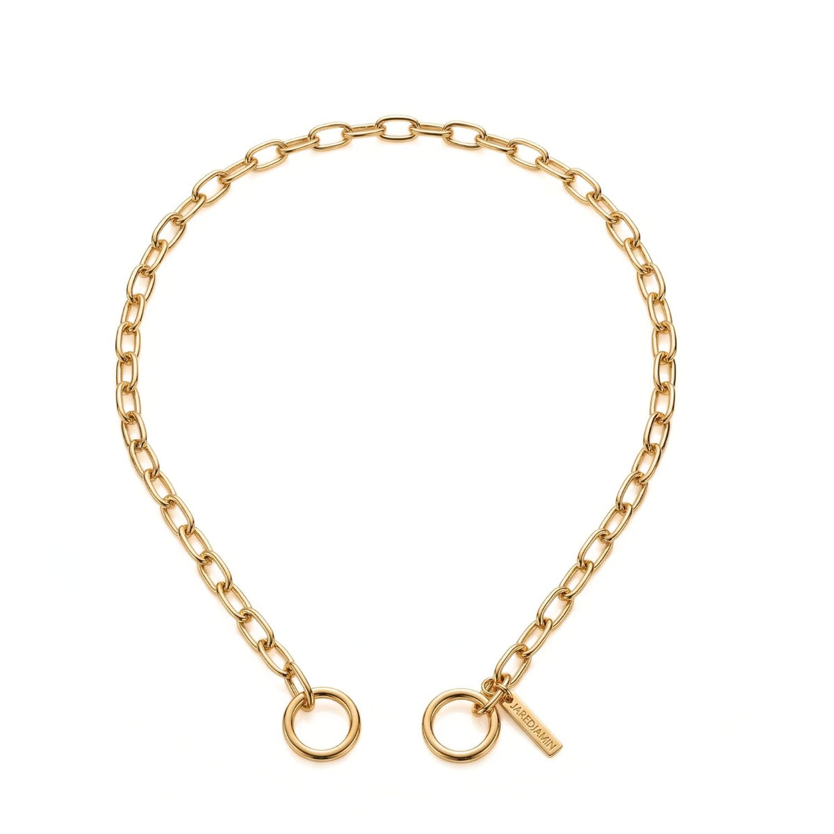 Hand-assembled in our West Hollywood studio, the Chain Reaction Connector Necklace refracts light through bold oval links and sculpted end rings, punctuated by a discreet logo tag. Small-batch, eco-conscious. Style note: layers easily from fine shirting to after-dark tailoring.