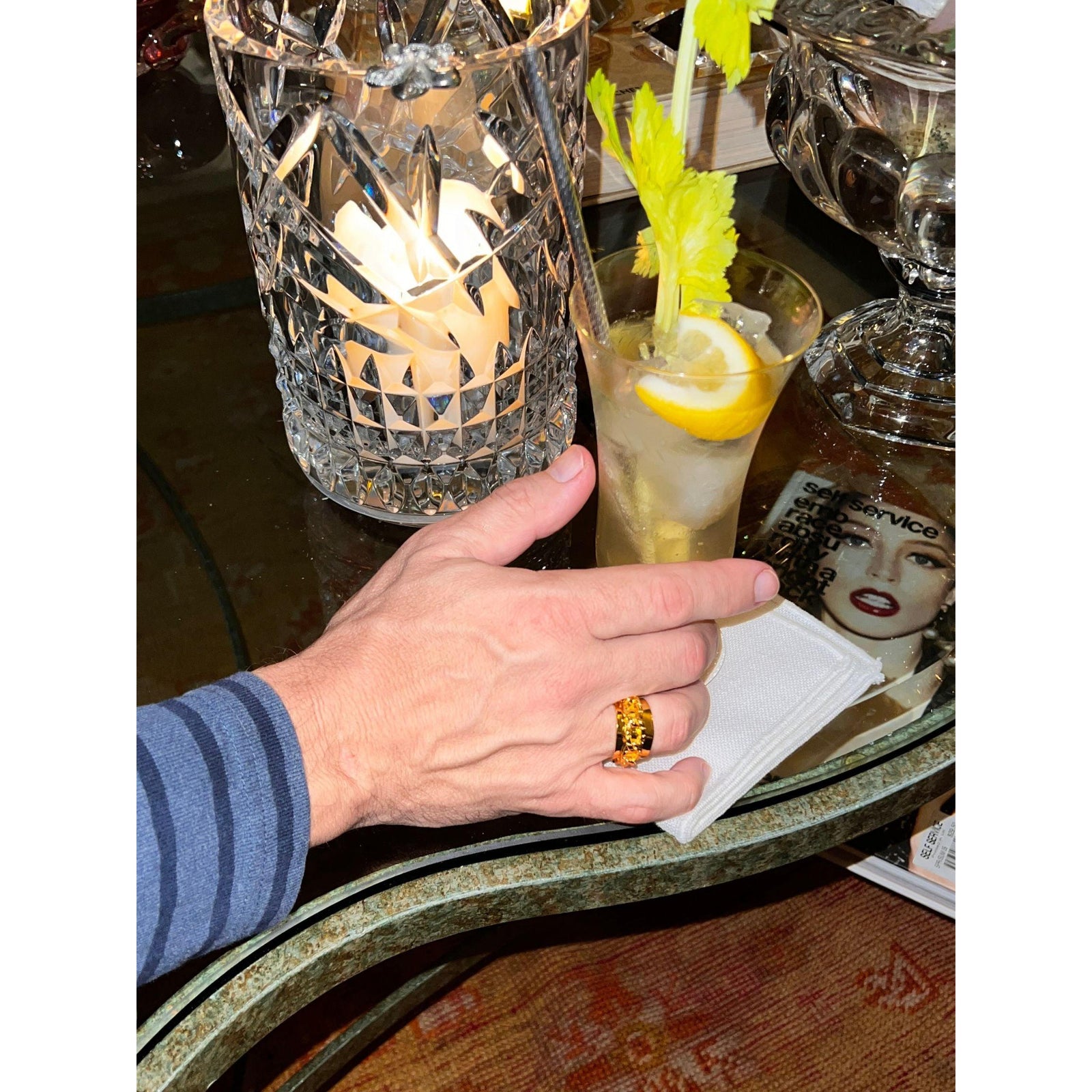 The Gold Charlie Chain Mens Ring by JAREDJAMIN Jewelry Online features a wide 18K gold-plated shine with a raised chain-link center, offering a bold and elegant look that stands out against the plain white background.