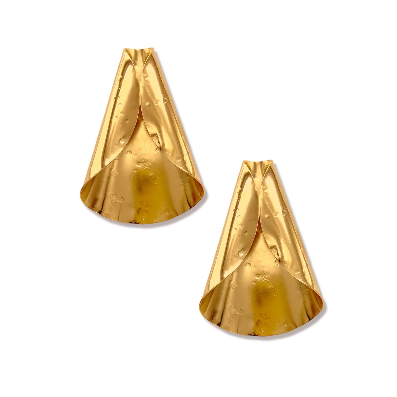 The Gold Connie Post Earrings from JAREDJAMIN Jewelry Online feature a folded, layered design in 18K gold plated metal with textured dots and a sculptural, modern look that highlights their shiny metallic finish.