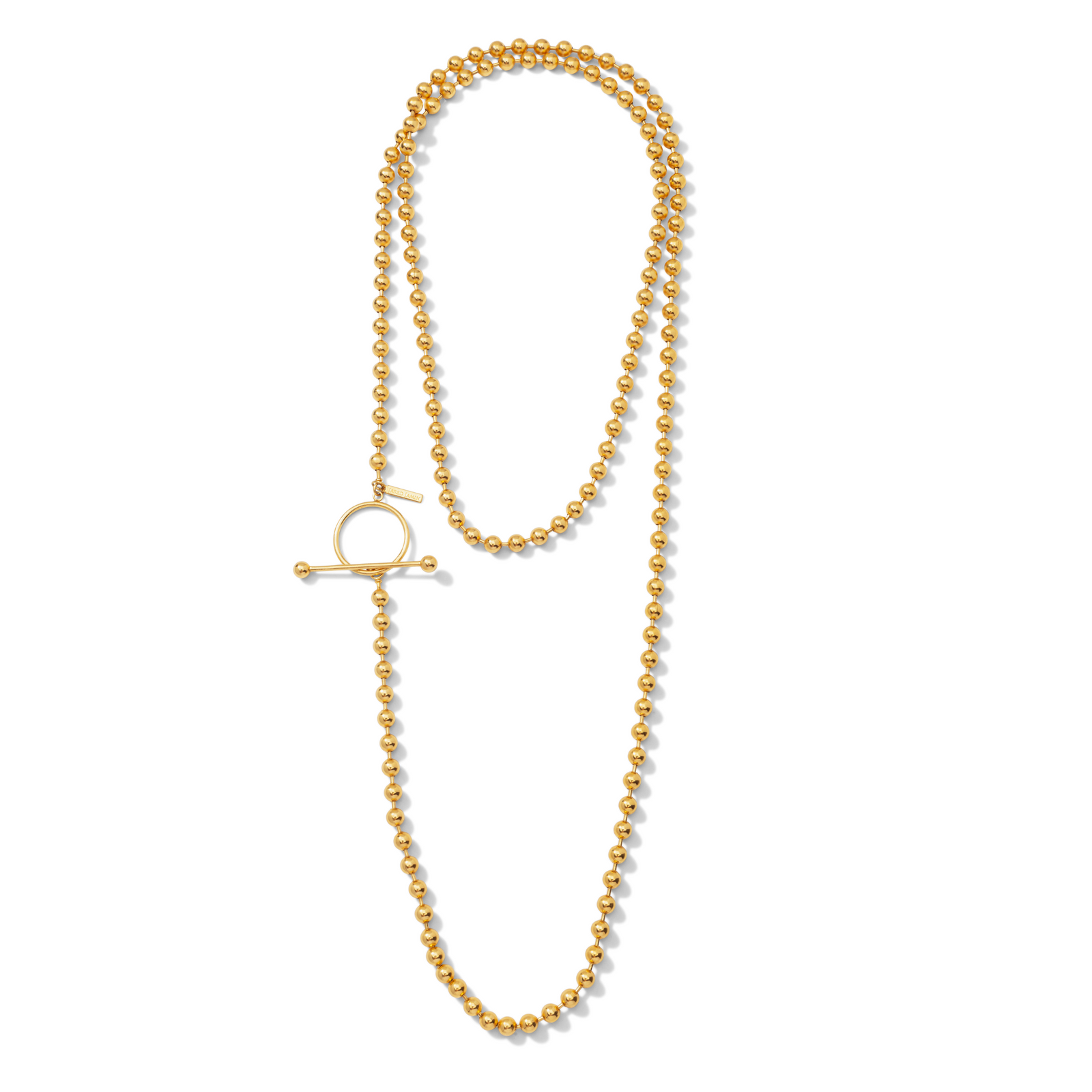 The Gold Constellation Orbita Necklace by JAREDJAMIN Jewelry Online features evenly sized gold beads and a circle-and-bar toggle clasp, arranged in a loose oval with a soft shadow on a white background.