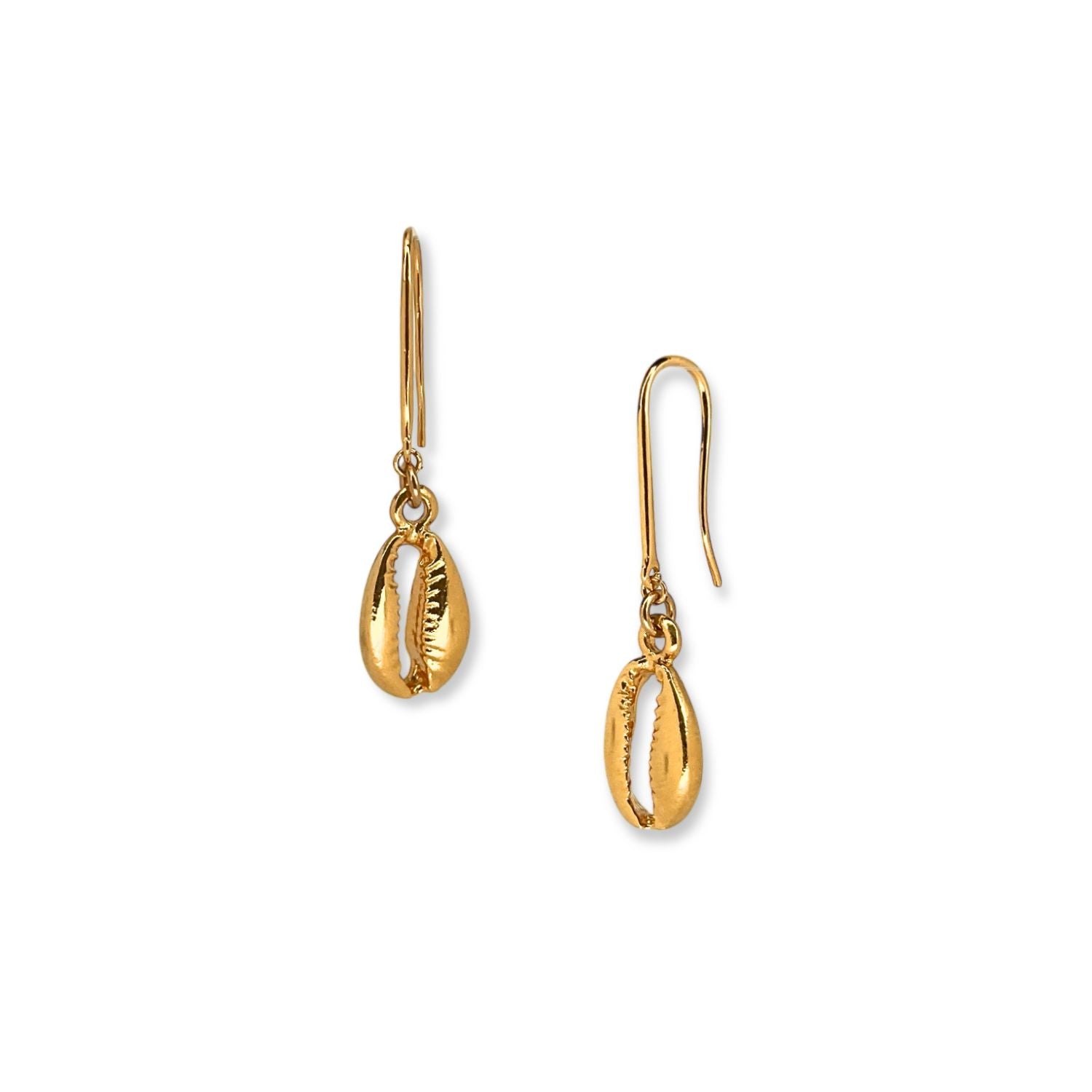 The Gold Cowrie French Hook Earrings by JAREDJAMIN Jewelry Online feature polished brass shells with detailed grooves, hanging from simple hooks. Shown on a plain white background.