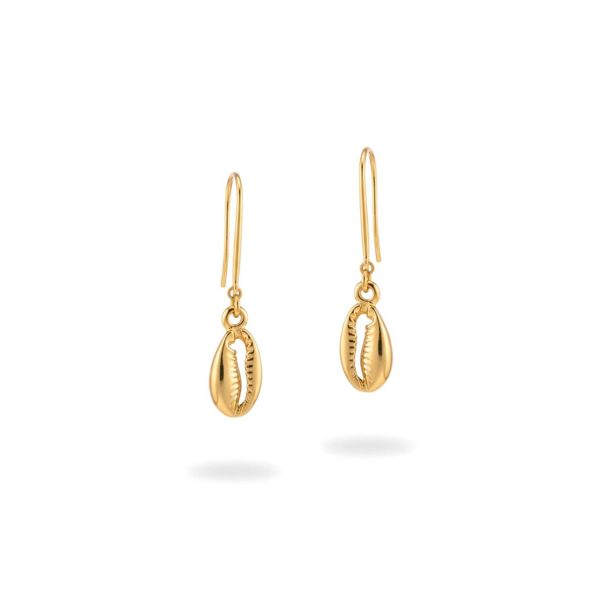 Gold Cowrie French Hook Earrings—hand-assembled in our West Hollywood studio. Sculpted shell pendants refract light on slender gold hooks. Each pair is small-batch and eco-conscious. Style Note: punctuates crisp shirts or silk eveningwear with quiet allure.