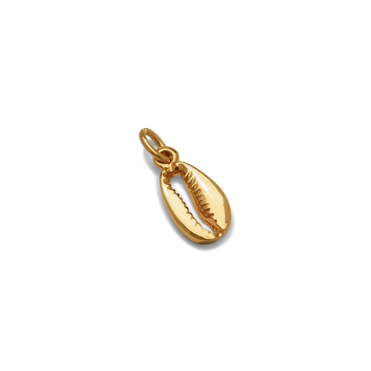 The Gold Cowrie Necklace Pendant Charm sm by JAREDJAMIN Jewelry Online is an 18K gold plated cowrie shell charm with a smooth, shiny finish, detailed ridges, and a circular loop for attaching to chains or bracelets.