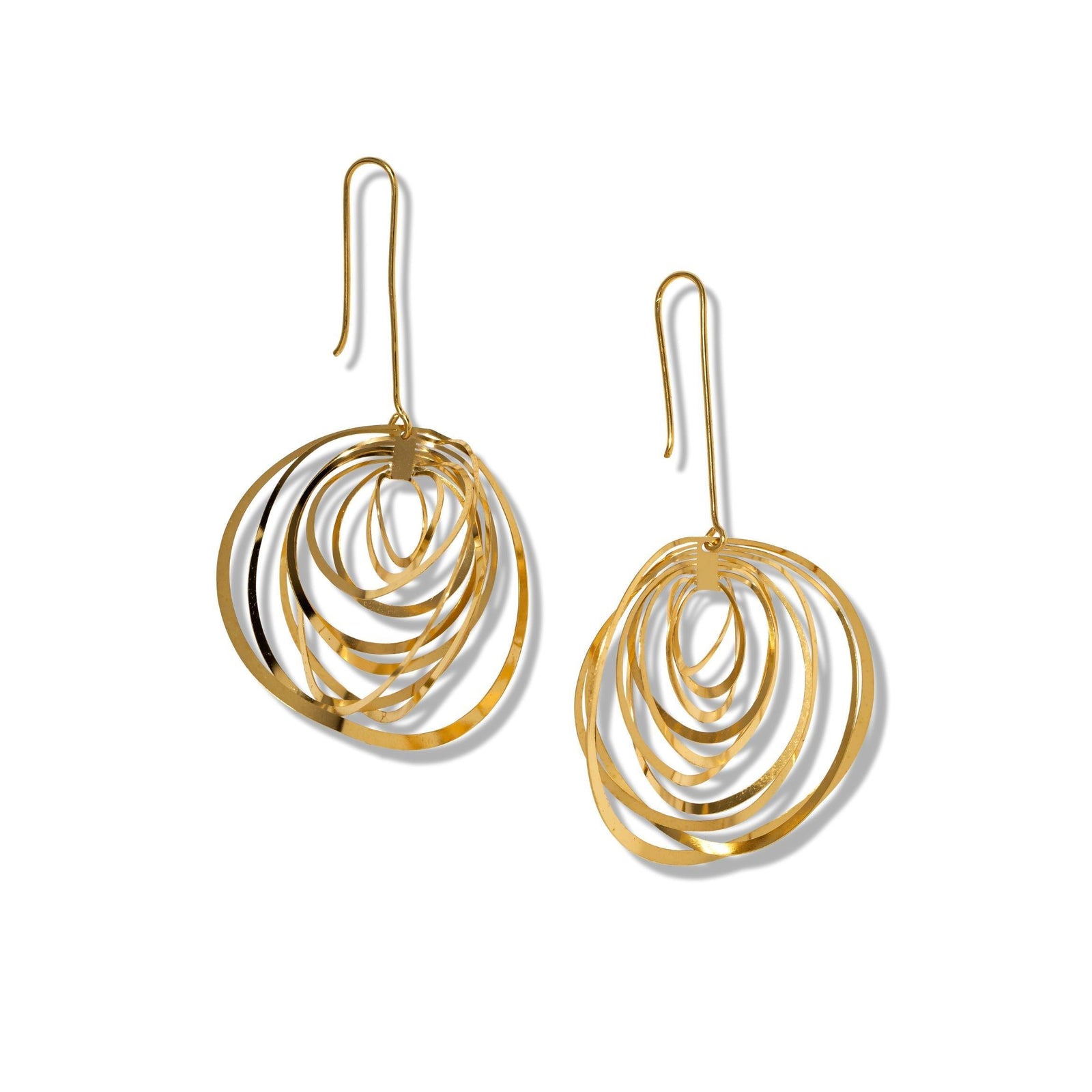 The Gold Dahlia Hook Earrings by JAREDJAMIN Jewelry Online feature multiple interlocking hammered loops in a layered spiral design, finished in 18K gold plate and hanging from simple French hooks.