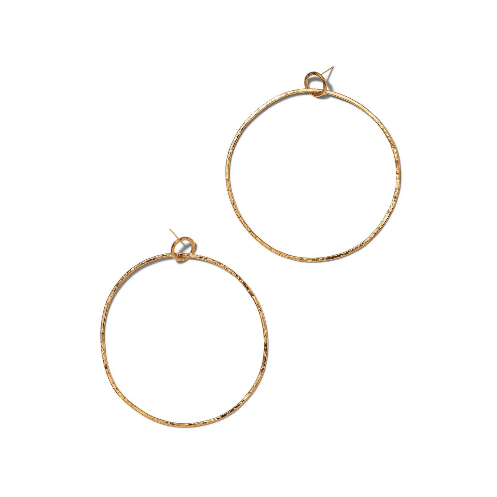 The Ellen Large Textured Hoop Post Earrings from JAREDJAMIN Jewelry Online are oversized, lightweight gold hoops with a subtle hammered finish and simple post closures, shown against a white background for a minimalist, elegant look.