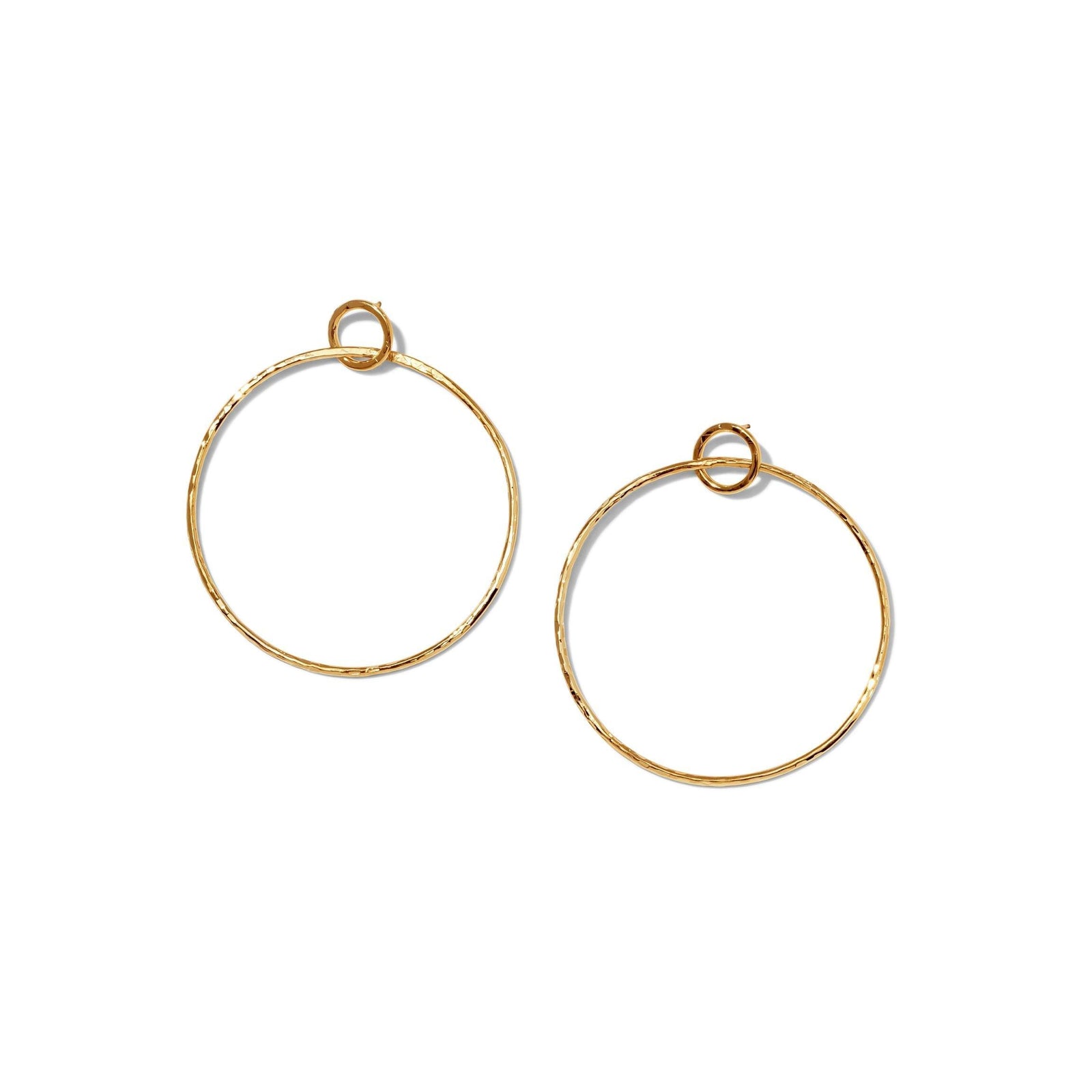 The Gold Ellen Medium Textured Hoop Post Earrings by JAREDJAMIN Jewelry Online are displayed on a plain white background, with one earring slightly higher for a modern touch, showcasing their stylish textured gold finish.